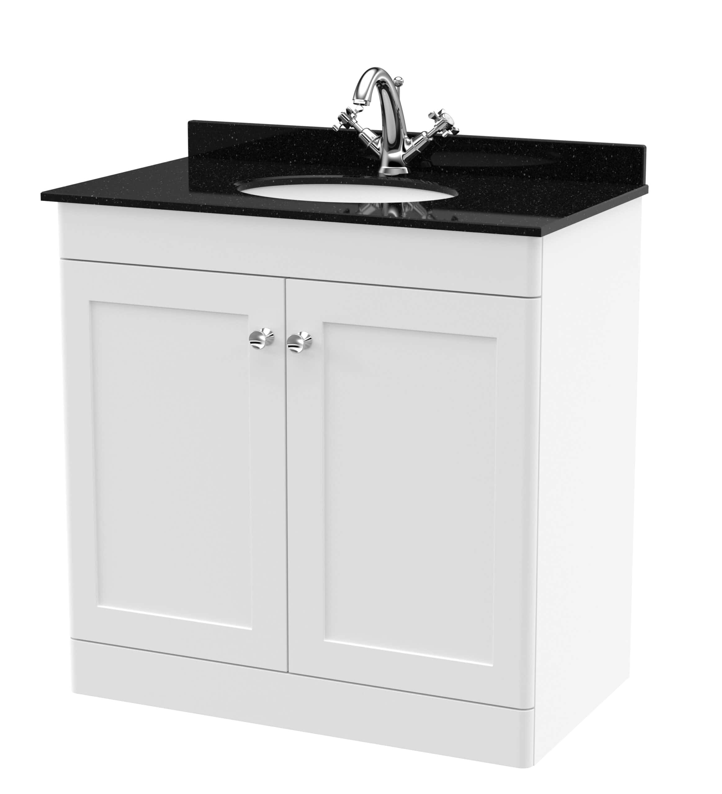 Modern white bathroom vanity with black granite countertop and chrome fixtures - ideal for stylish Bully Bathrooms.