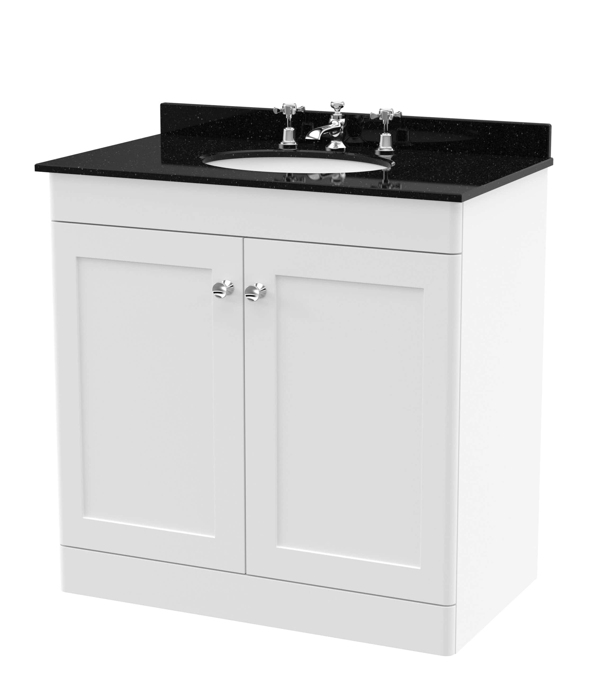 Polished white bathroom vanity with black granite countertop and undermount sink, perfect for modern bathroom decor and storage solutions.