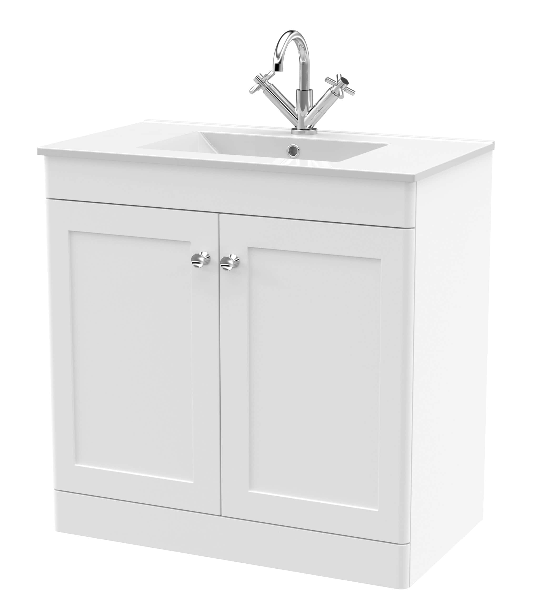 Shower sink unit with modern chrome taps and white cabinet storage for bathroom elegance and functionality.