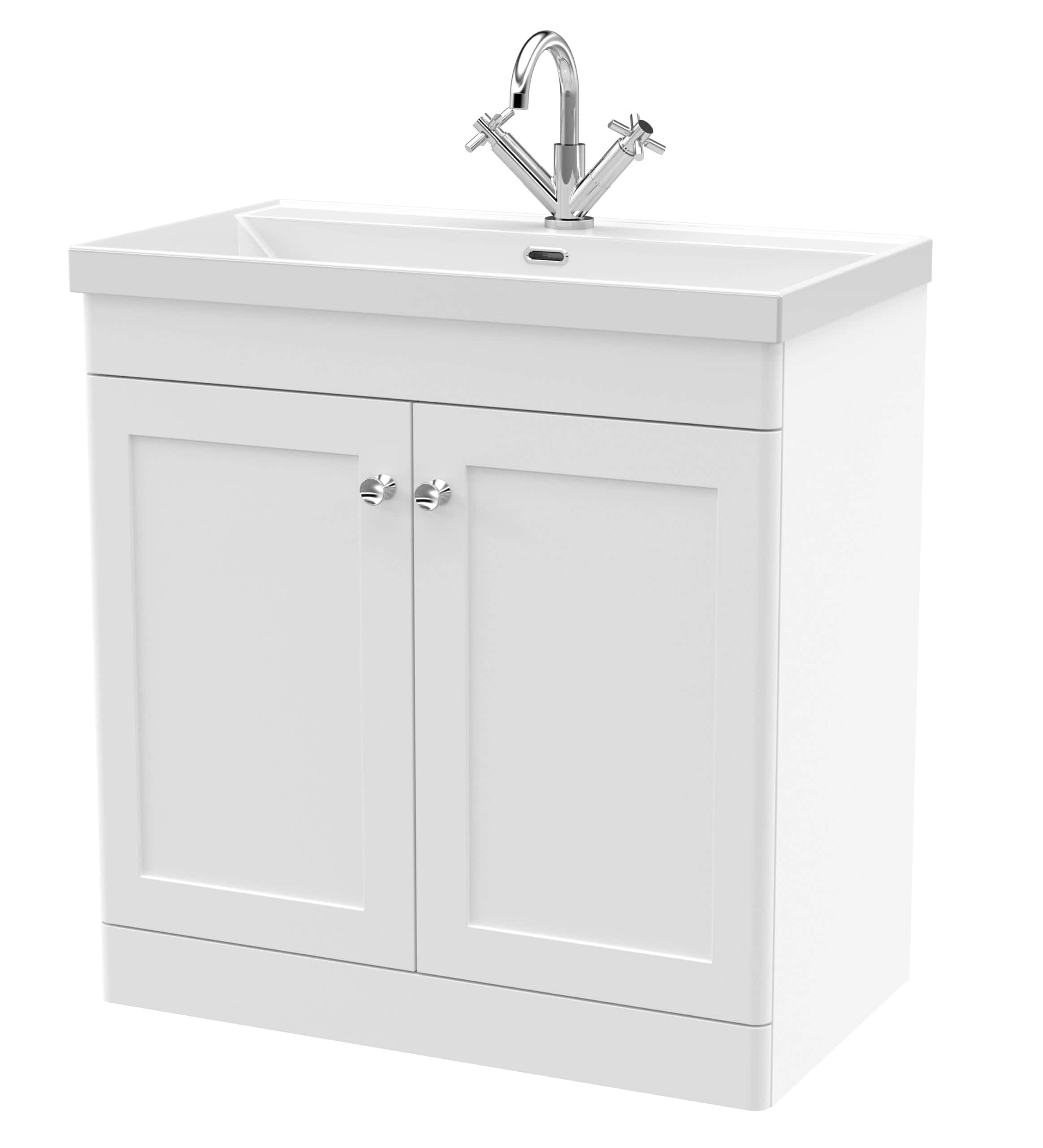 Modern white bathroom vanity with ceramic sink, chrome tap, and dual cabinet storage, ideal for contemporary bathroom design and bathroom renovation projects.