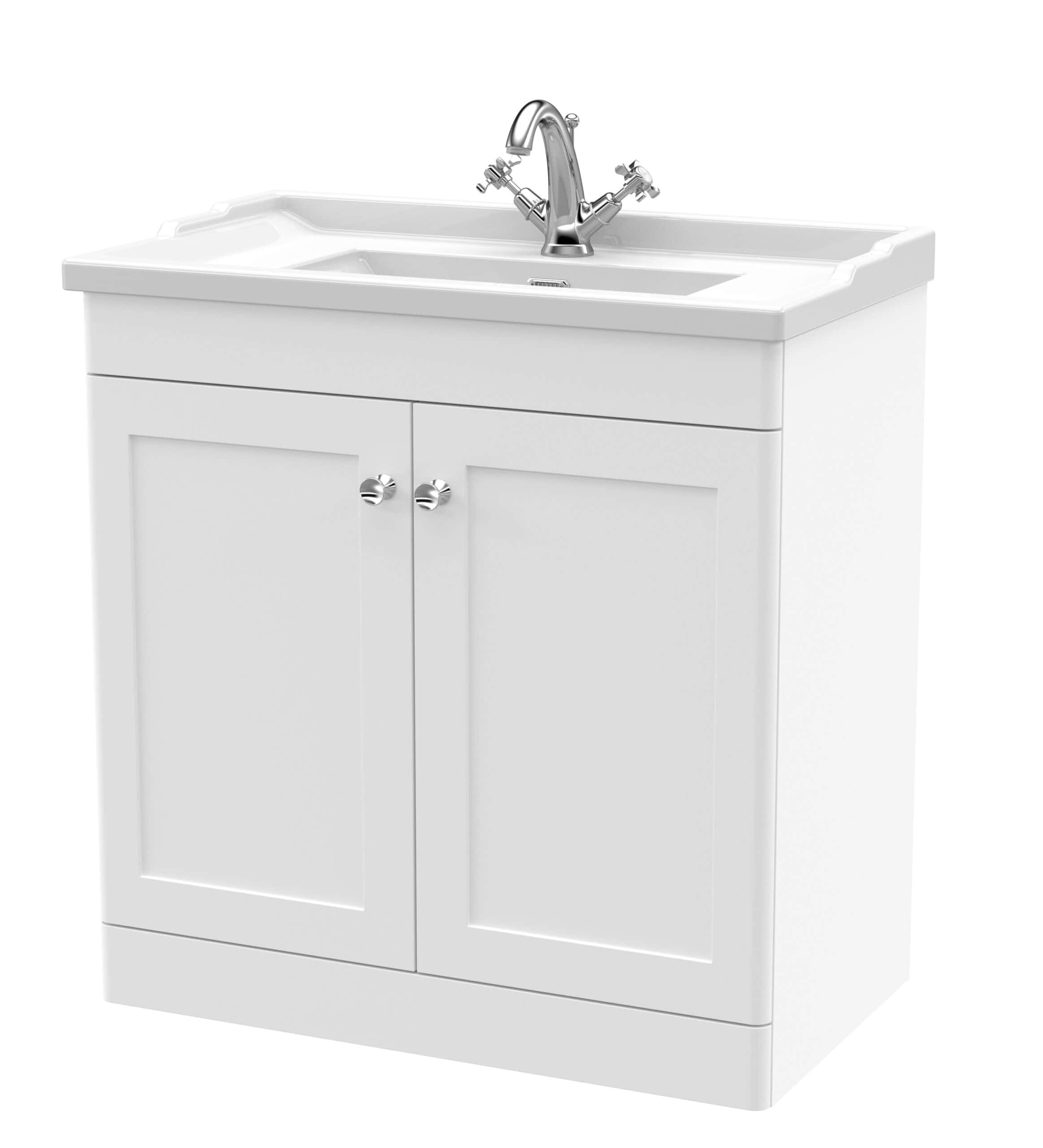 Sleek white bathroom vanity with basin and chrome taps, ideal for modern bathroom renovation or upgrade, providing stylish storage and functional design.