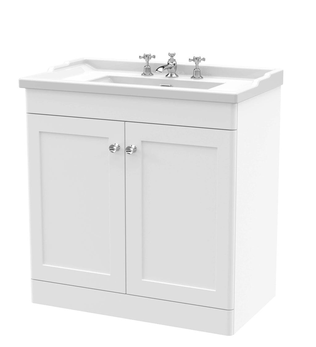 Modern white bathroom vanity cabinet with integrated sink and chrome tap fixtures for bathroom storage and style.