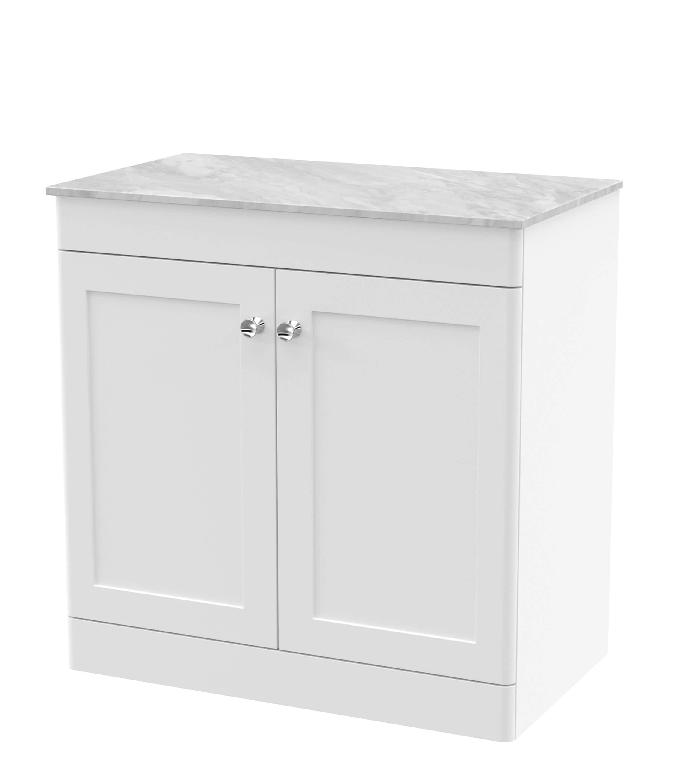 Modern white bathroom vanity with a marble countertop, ideal for contemporary bathroom renovation and storage solutions. Perfect for creating a bright, clean bathroom space.