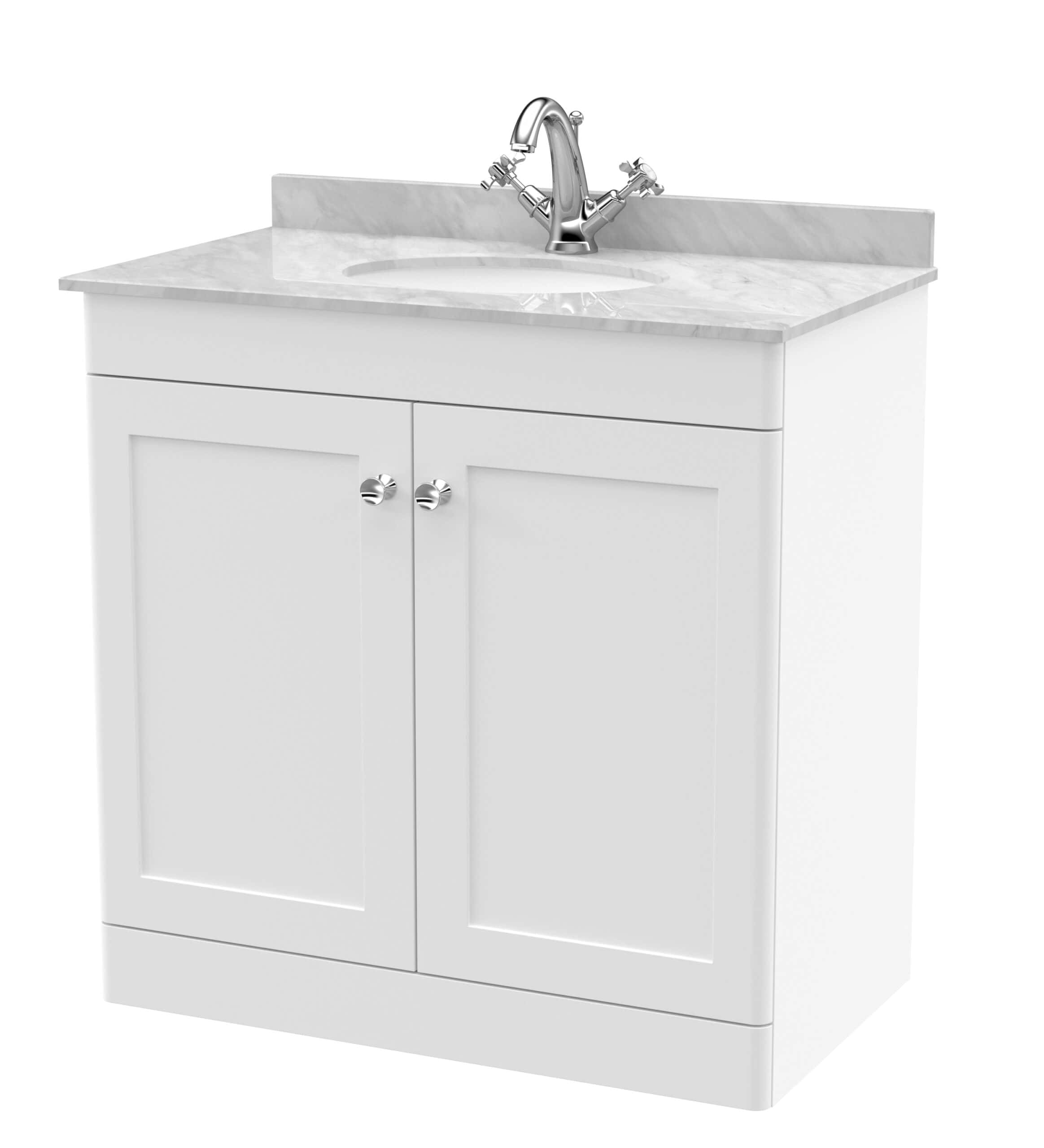 Polished white bathroom vanity unit with marble countertop and stainless steel tap for modern bathroom decor.