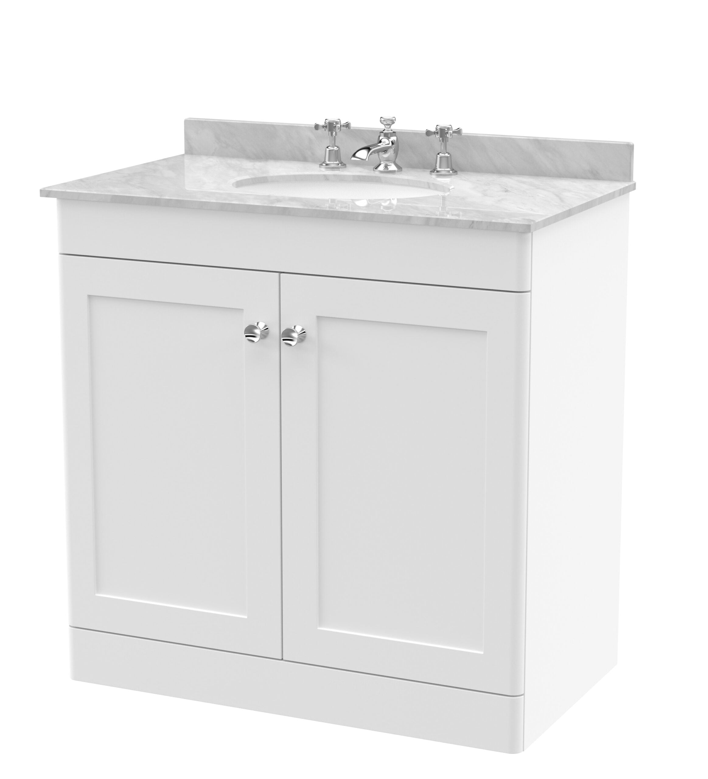 Elegant white bathroom vanity with marble countertop and chrome fixtures, ideal for modern bathroom renovation and storage solutions. Perfect for enhancing your bathroom's style.