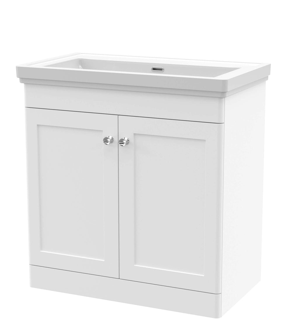Modern white bathroom vanity with sink and cabinet storage - perfect for contemporary bathroom design and renovations.