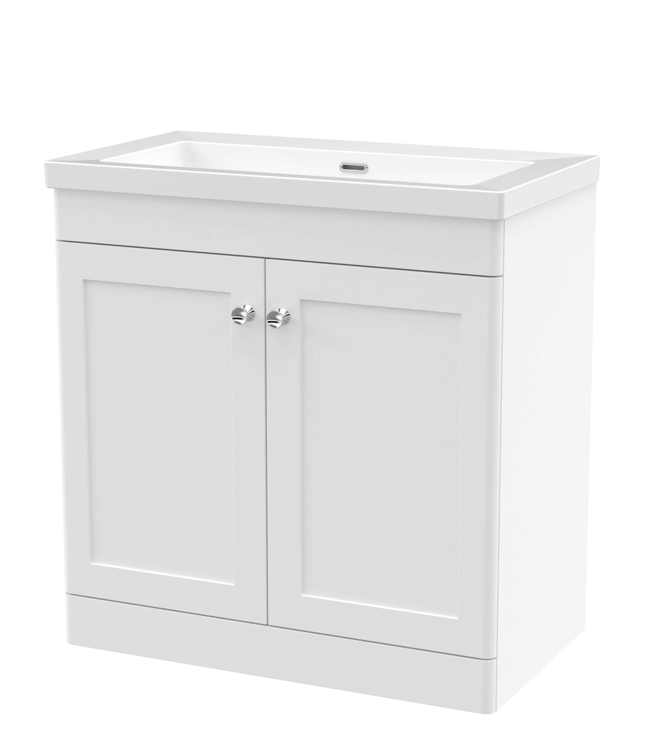 Modern white bathroom vanity unit with ceramic sink, ideal for stylish bathroom renovation and storage solutions. Features durable construction and sleek design.
