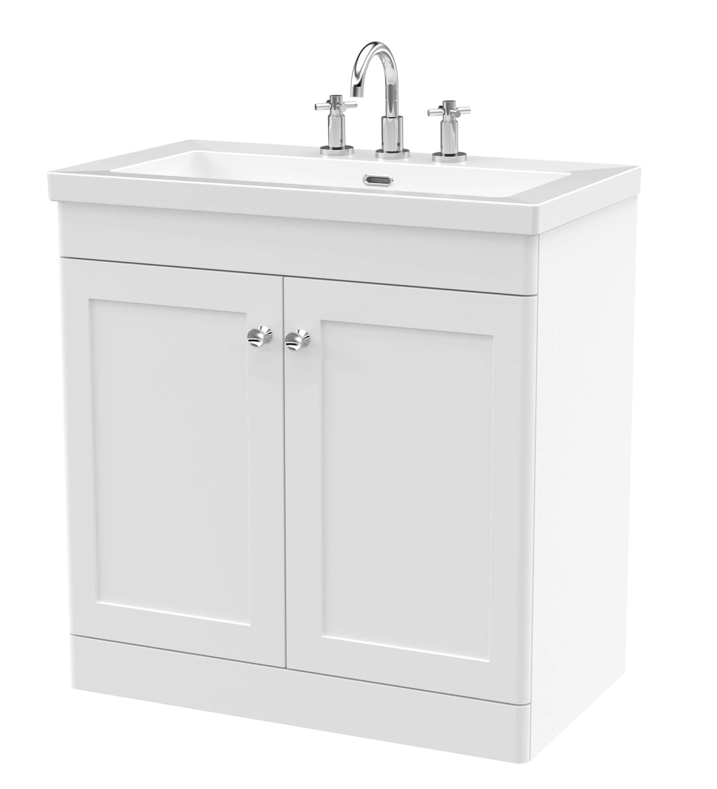 Polished white bathroom vanity with built-in sink and chrome taps, ideal for modern bathroom remodels and renovation projects. Durable cabinetry and sleek design for stylish storage solutions.