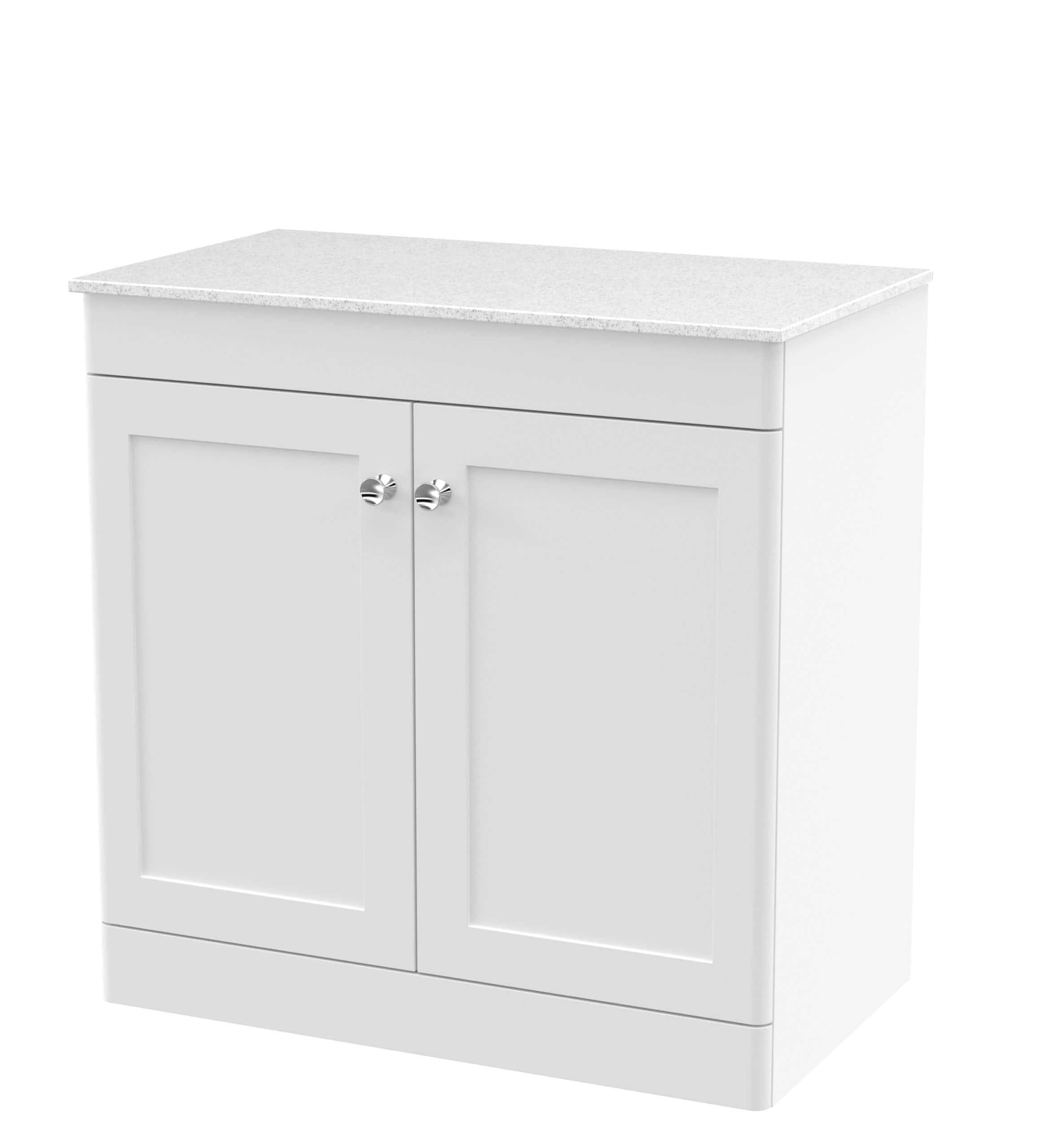 Modern white bathroom vanity unit with stone-effect top, ideal for bathroom storage and aesthetic enhancement. Crafted for durability, combining style with functionality. Perfect for contemporary bathrooms.