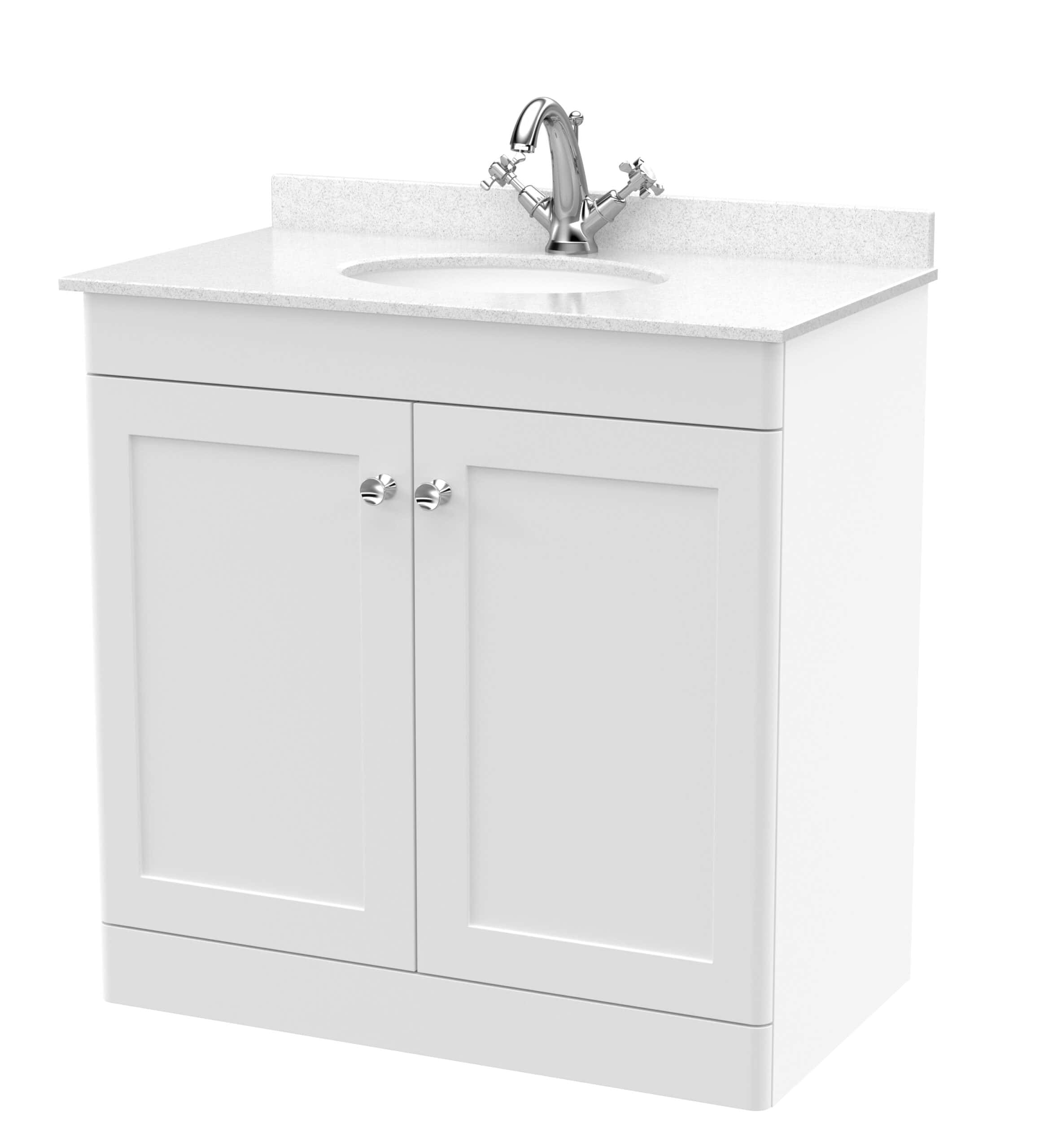 Polished white bathroom vanity unit with integrated sink and chrome taps, ideal for contemporary bathroom bathrooms or utility rooms.
