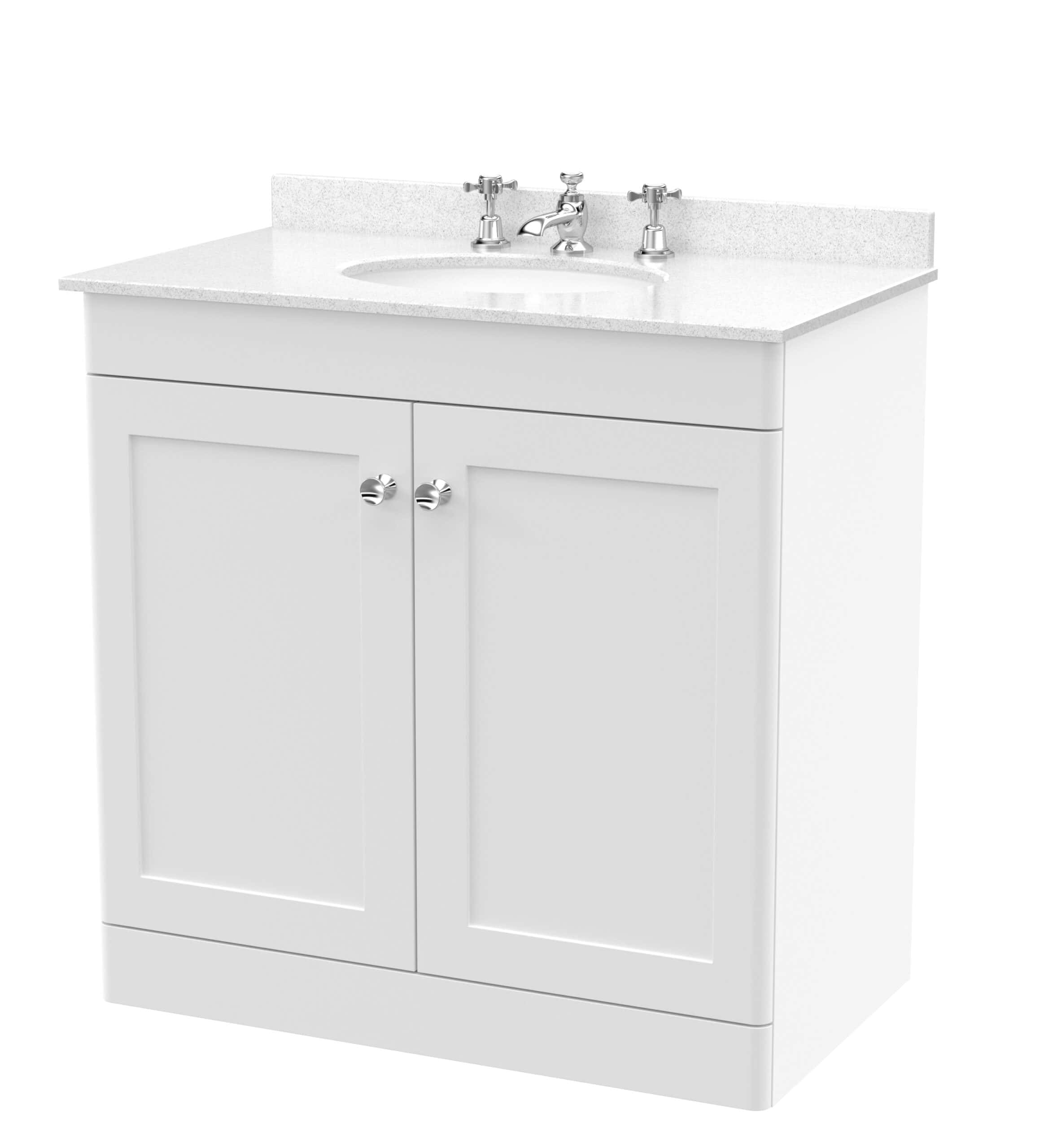 Modern white bathroom vanity with sink and chrome fixtures, ideal for contemporary bathrooms.