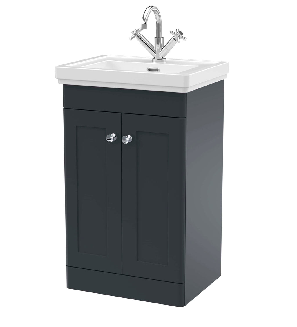 Modern bathroom vanity with ceramic sink and chrome taps, ideal for contemporary bathroom design. Suitable for small bathrooms or en-suites, combining style and practicality.