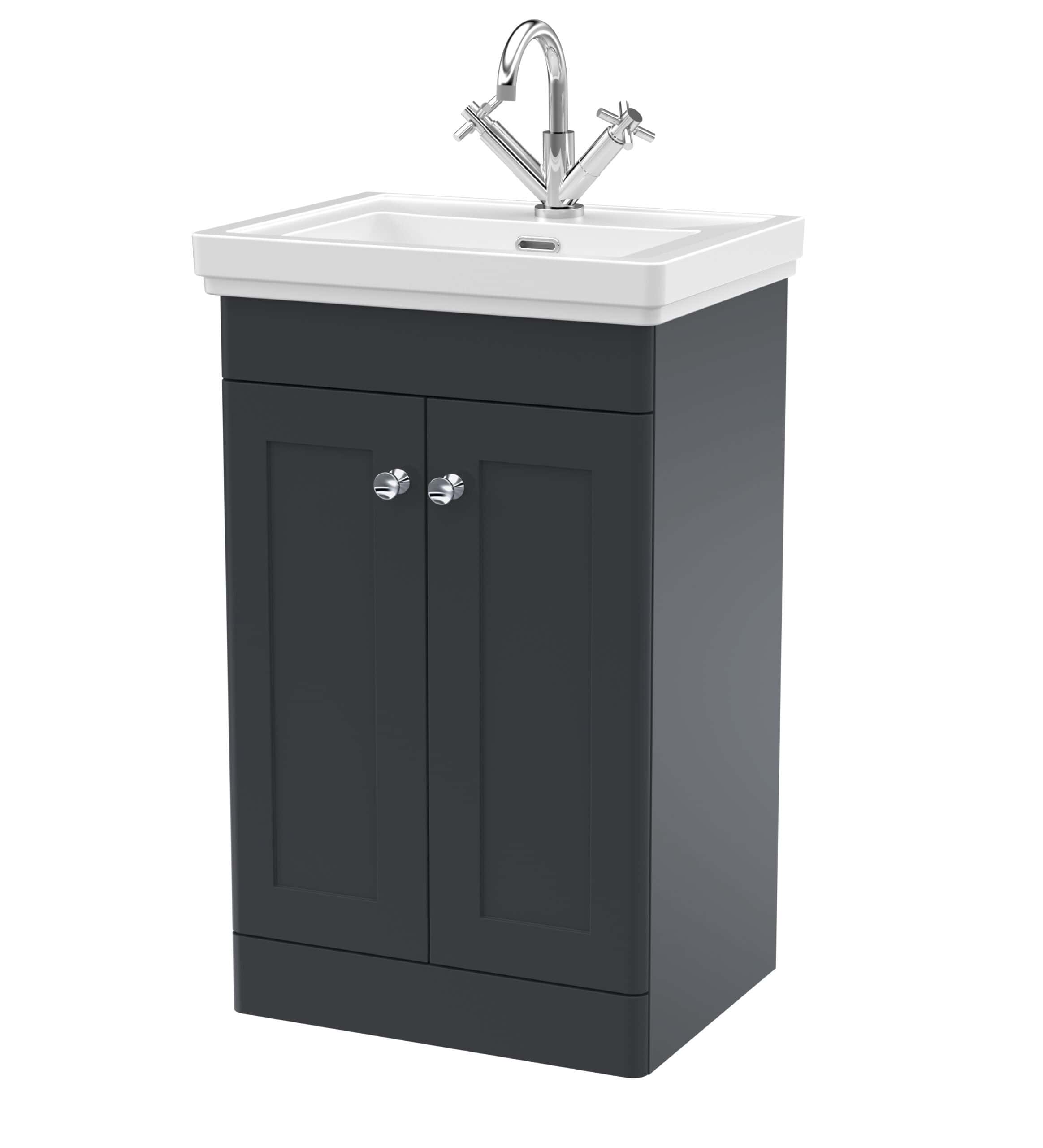 Modern bathroom vanity with ceramic sink and chrome taps, ideal for contemporary bathroom design. Suitable for small bathrooms or en-suites, combining style and practicality.