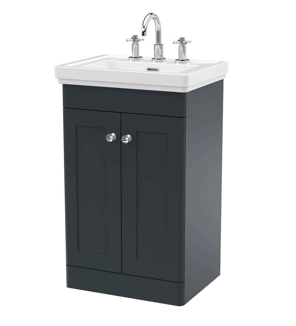 Modern bathroom vanity with a white ceramic sink, chrome tap fittings, and a dark grey wooden cabinet, perfect for stylish bathroom renovation and storage.