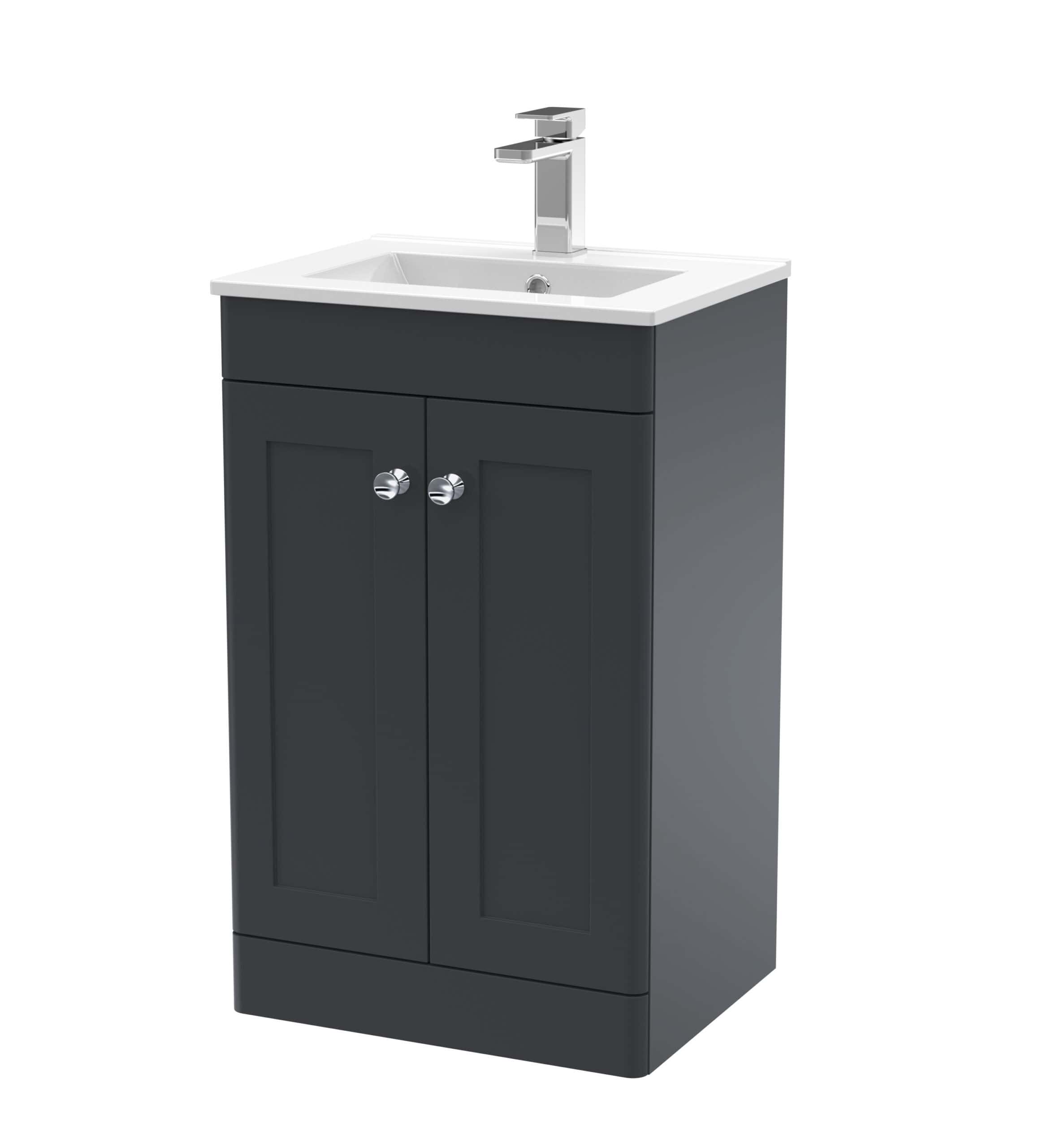 Sleek grey bathroom vanity unit with integrated sink, modern chrome handles, ideal for contemporary bathroom design and storage solutions.