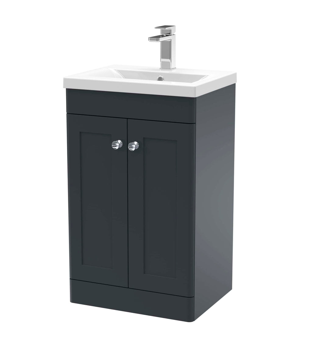 Modern bathroom vanity unit with integrated sink and chrome handles, ideal for stylish bathroom upgrades.