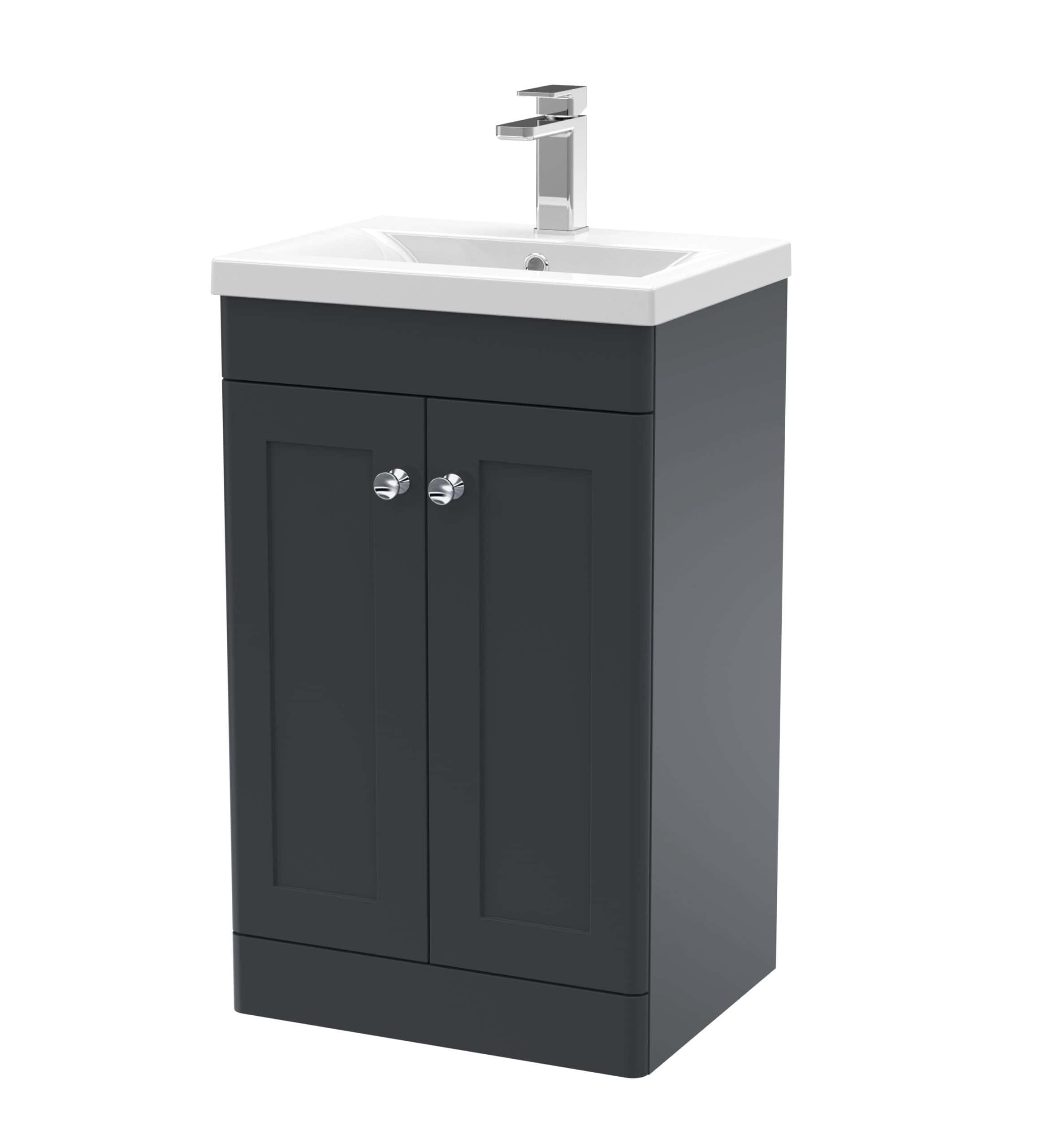 Modern bathroom vanity unit with integrated sink and chrome handles, ideal for stylish bathroom upgrades.