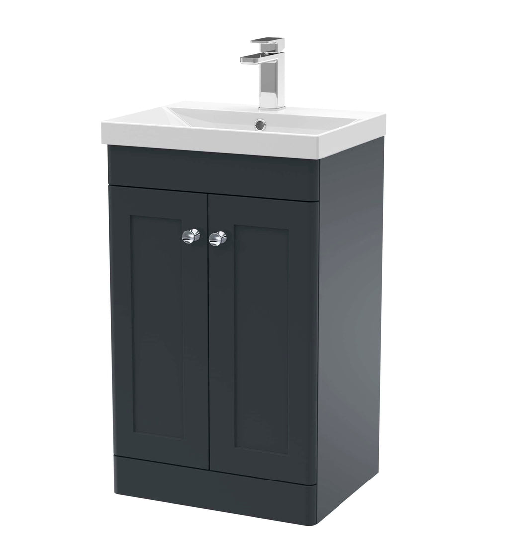 Sleek bathroom vanity unit with integrated sink, modern chrome tap, and storage cabinet, ideal for contemporary bathroom designs with stylish and functional features.
