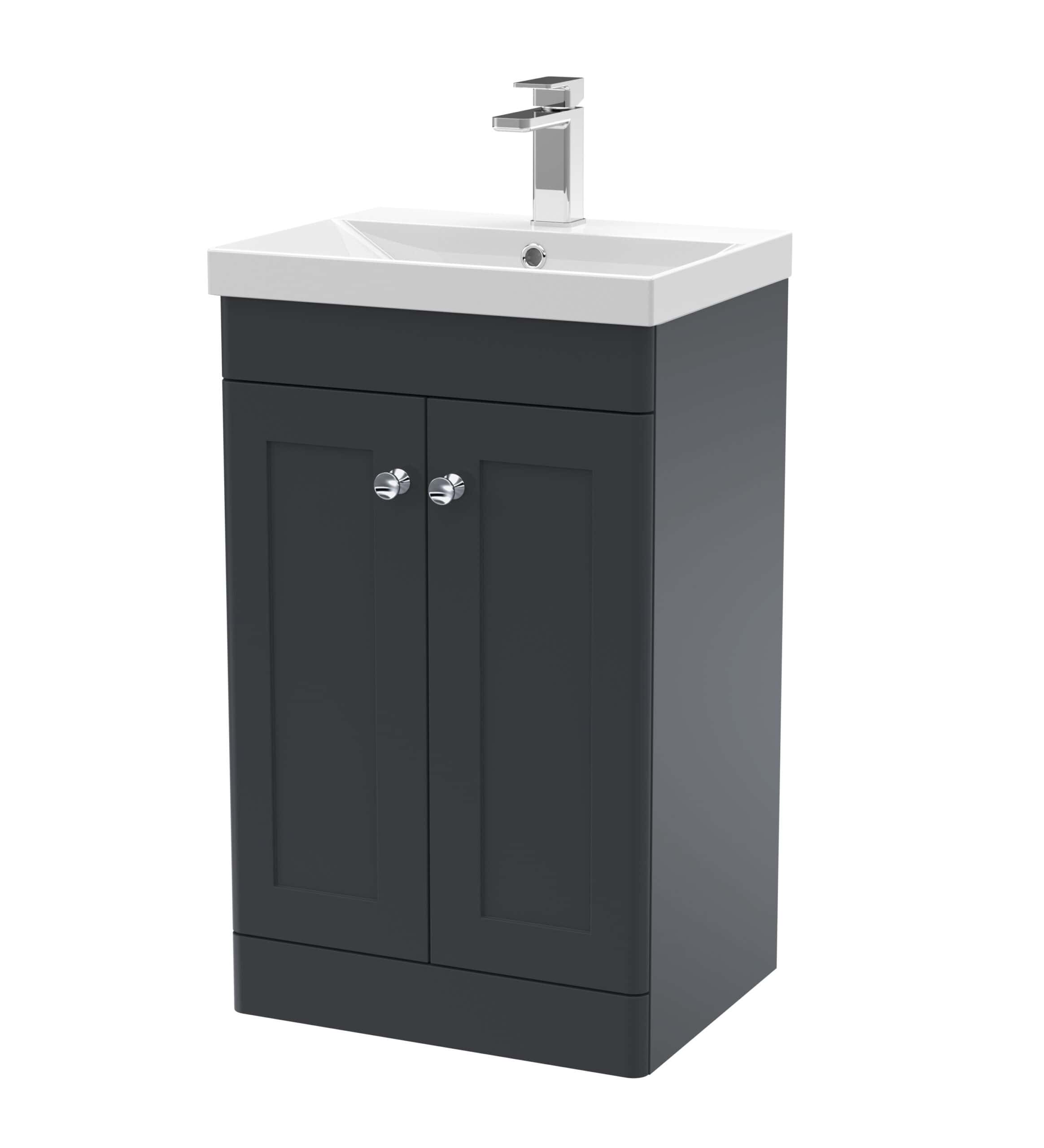 Sleek bathroom vanity unit with integrated sink, modern chrome tap, and storage cabinet, ideal for contemporary bathroom designs with stylish and functional features.