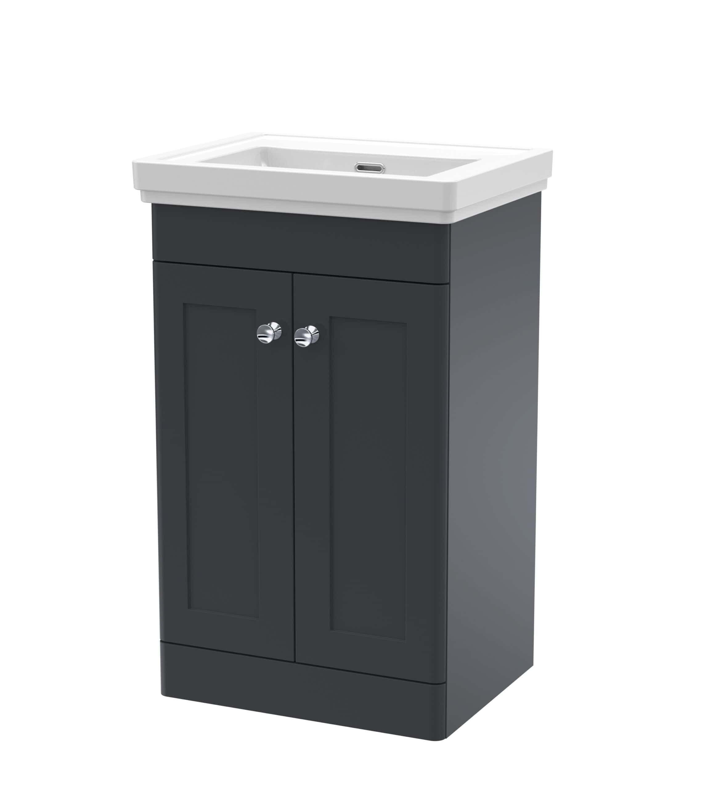 Stylish bathroom vanity unit with a white inset sink, dark grey cabinet, and chrome handles, perfect for modern bathroom furniture and fixtures.