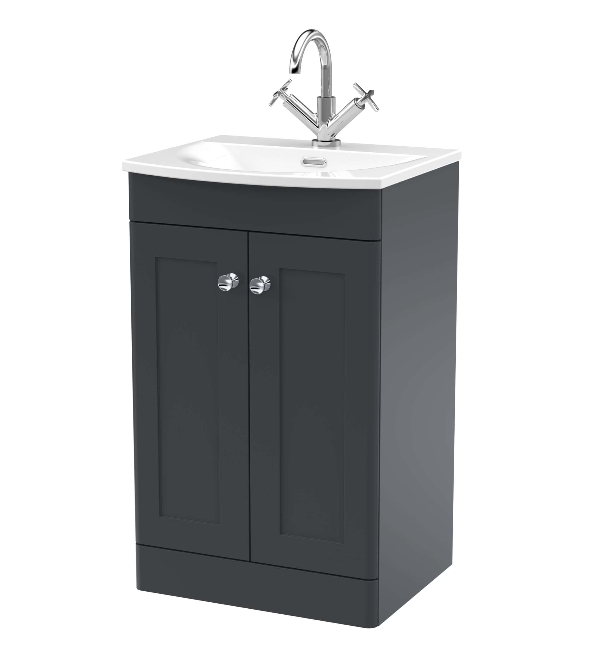 Contemporary bathroom vanity unit with sink, dark grey finish, chrome handles, ideal for modern bathroom decor.