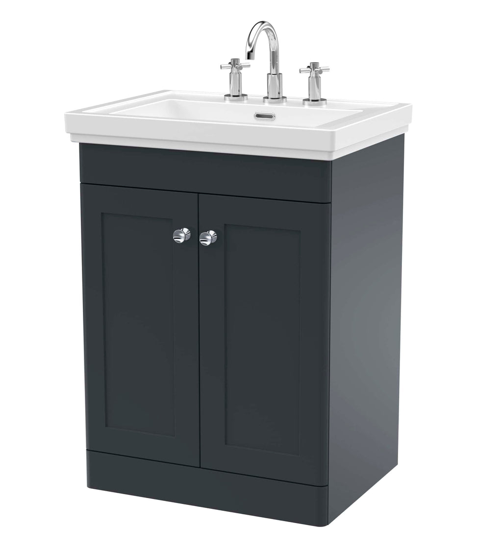 Modern bathroom vanity with ceramic sink and chrome taps, ideal for contemporary bathroom designs and space-saving storage solutions.