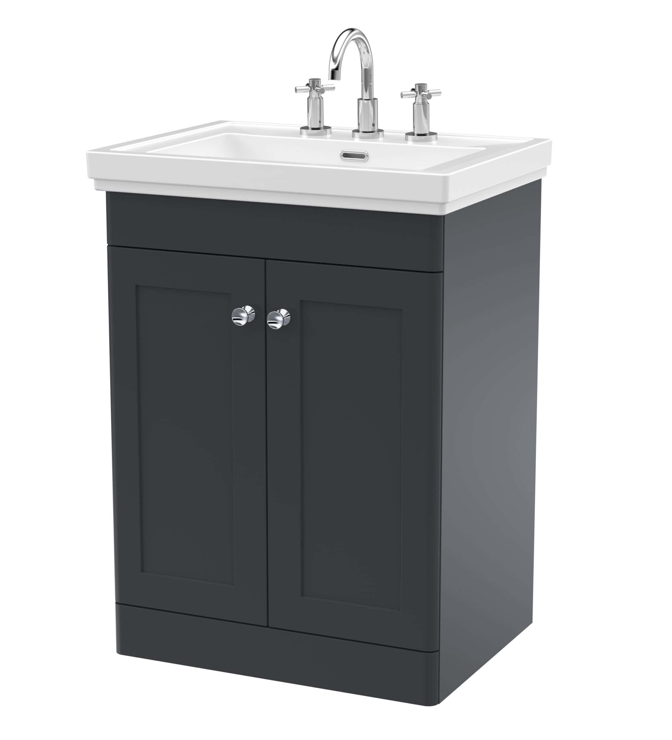 Modern bathroom vanity with ceramic sink and chrome taps, ideal for contemporary bathroom designs and space-saving storage solutions.