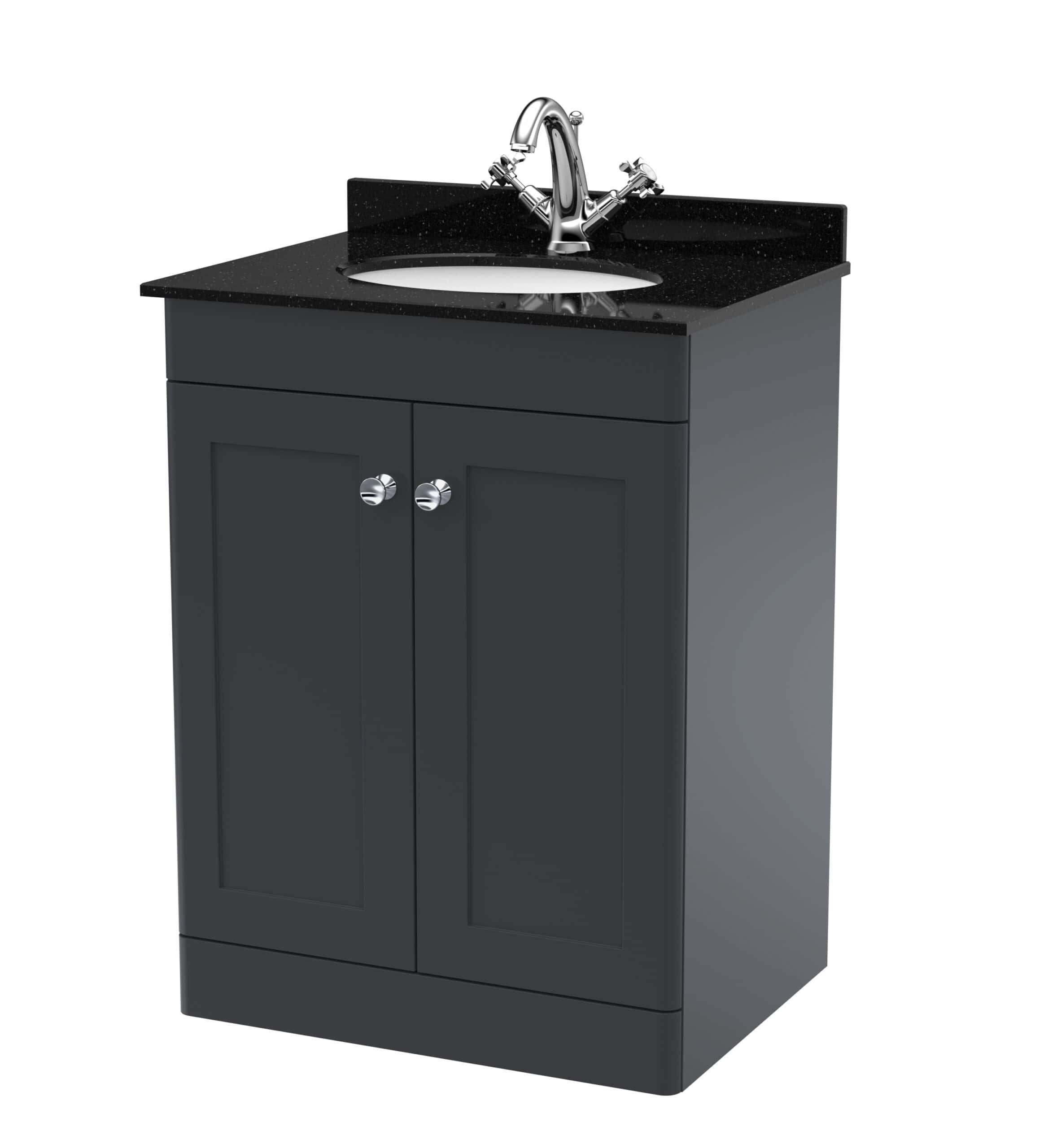 Contemporary dark grey bathroom vanity with black granite countertop and chrome faucet, ideal for modern bathrooms and bathroom furniture.
