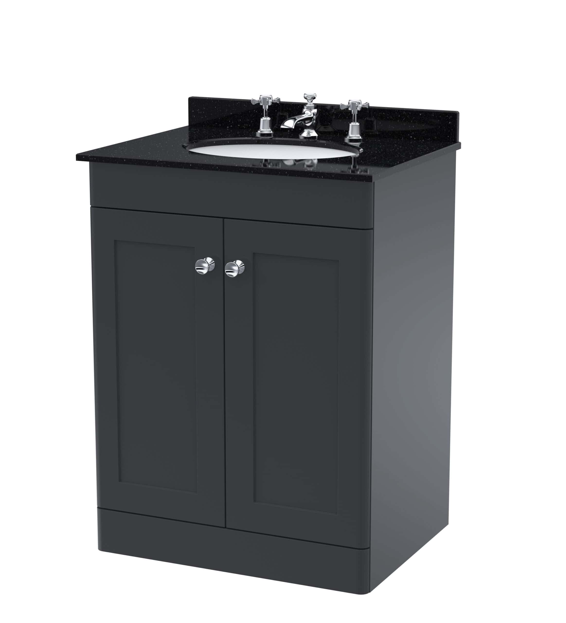 Polished black bathroom vanity unit with integrated sink and chrome fixtures, perfect for modern bathroom renovation. Elegant storage cabinet with double doors and sleek design.