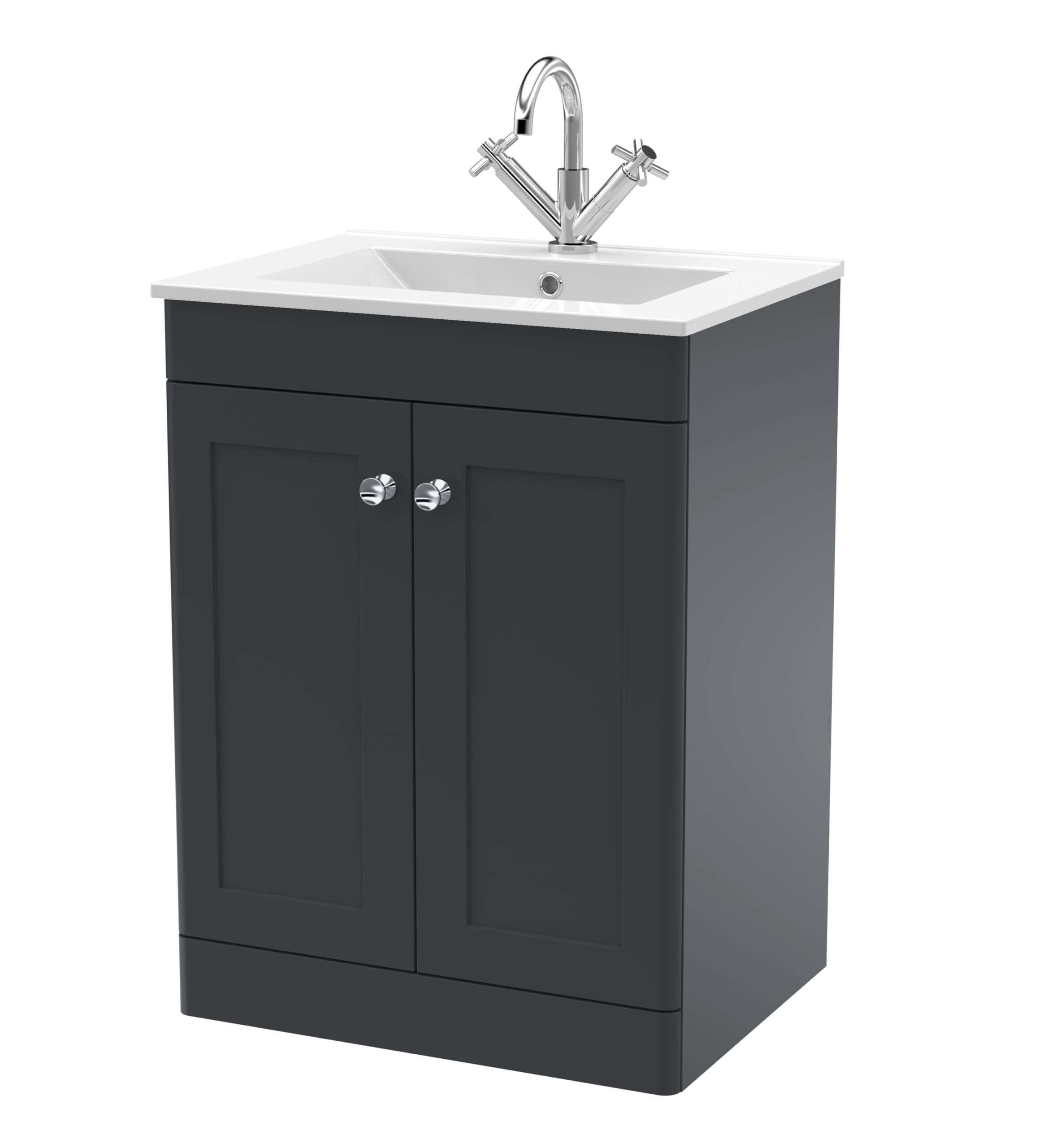 Sleek black bathroom vanity unit with white ceramic sink and chrome mixer tap, perfect for modern bathrooms and ensuite spaces. Stylish and functional bathroom furniture for efficient space management.