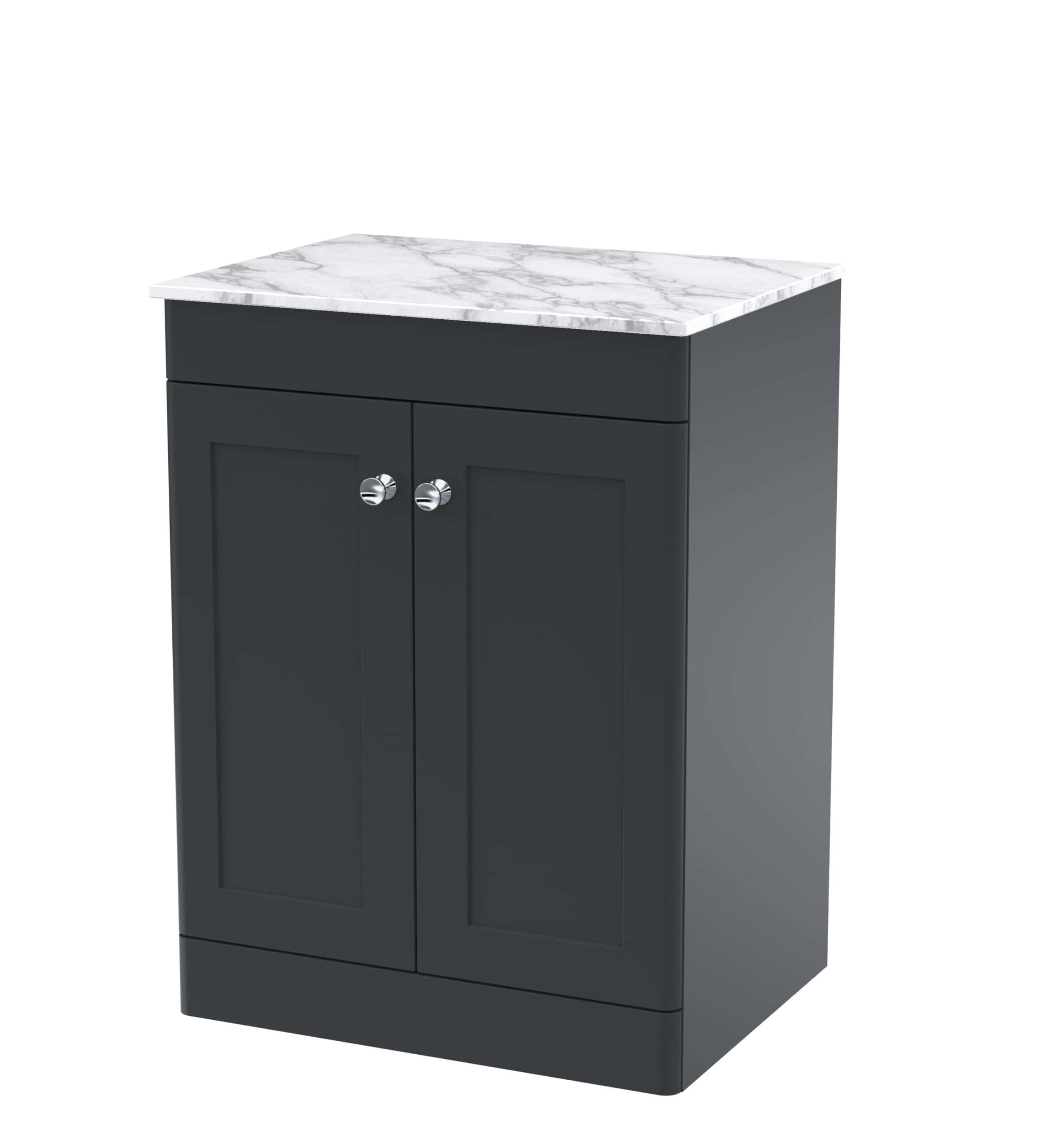 Sleek navy bathroom vanity unit with marble top, perfect for modern bathroom interiors. Durable and stylish storage solution from Bubly Bathrooms.