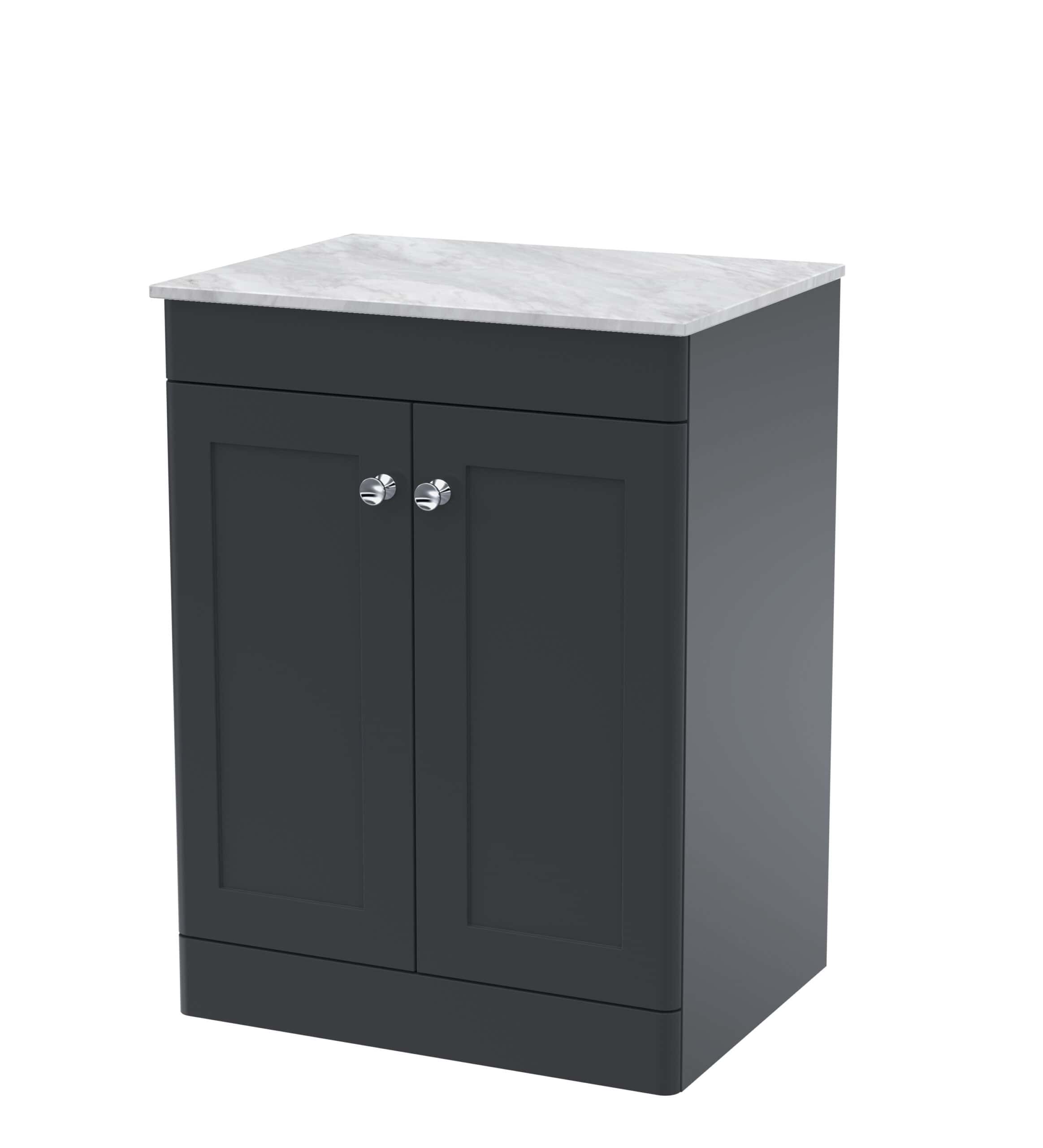 Elegant grey bathroom vanity unit with marble top, perfect for modern bathroom storage solutions, combining style and functionality.