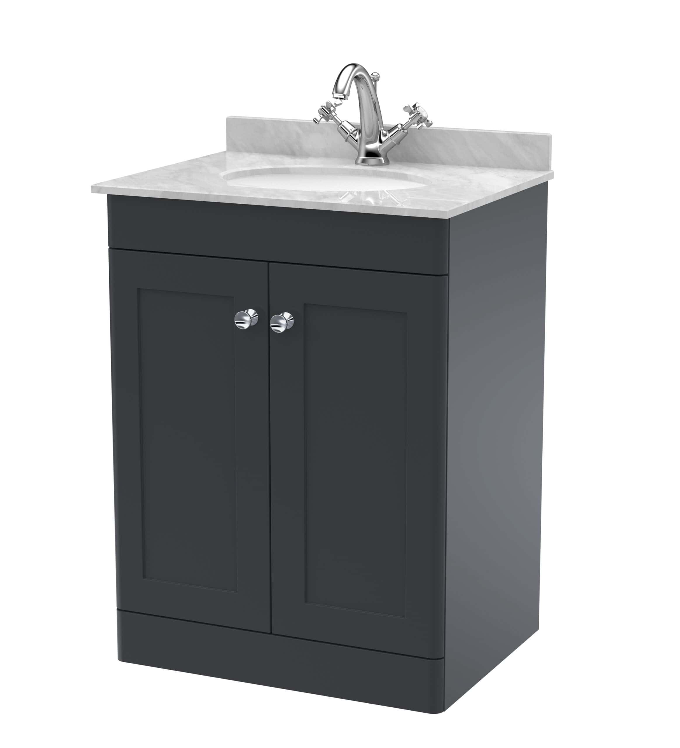 Sleek bathroom vanity cabinet with marble countertop and standard sink, perfect for modern bathroom renovations or upgrades. Featuring ample storage and contemporary design.