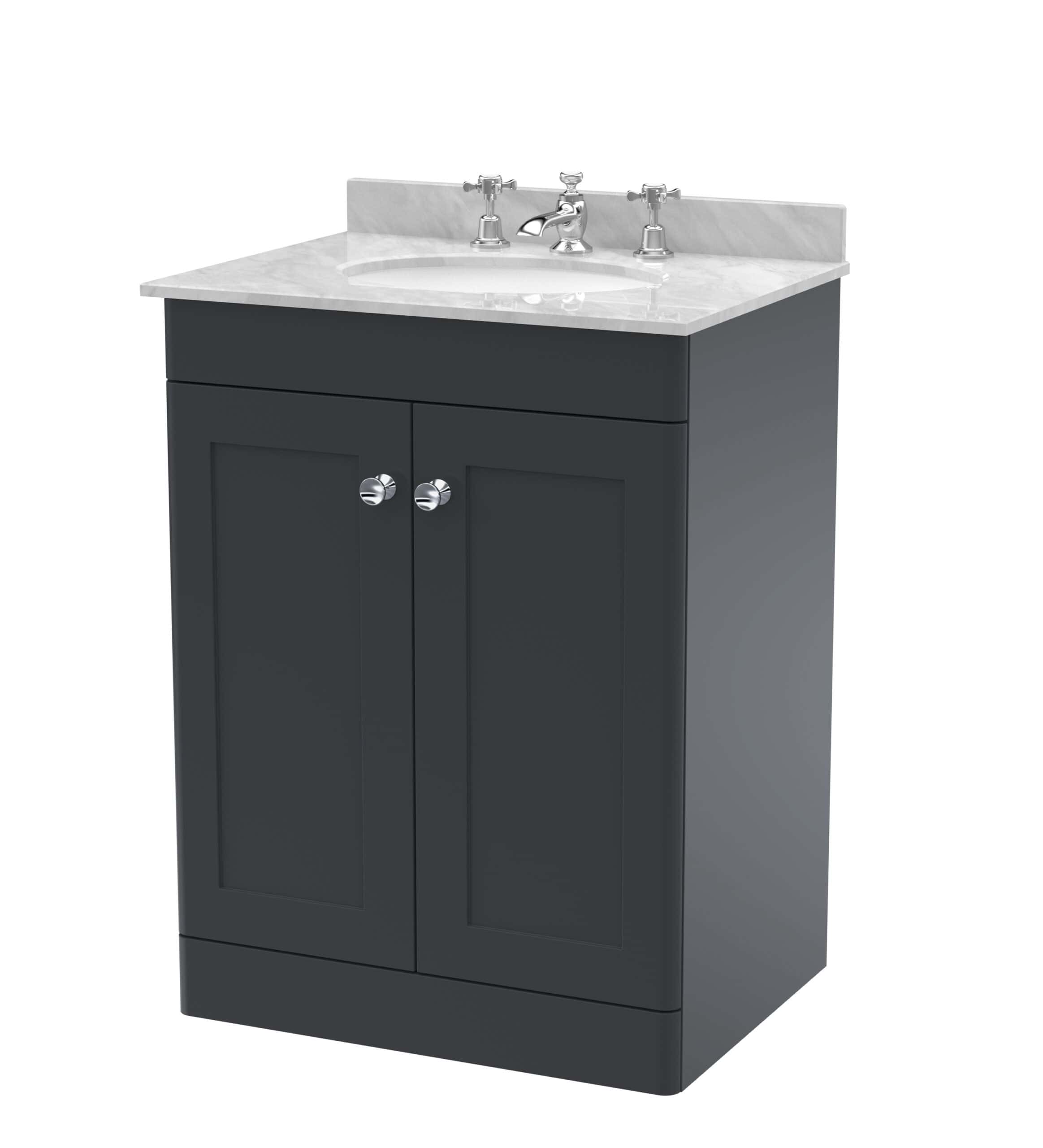 Modern black bathroom vanity with a white marble countertop and undermount sink, featuring chrome fixtures and storage cabinets, perfect for contemporary bathroom design.