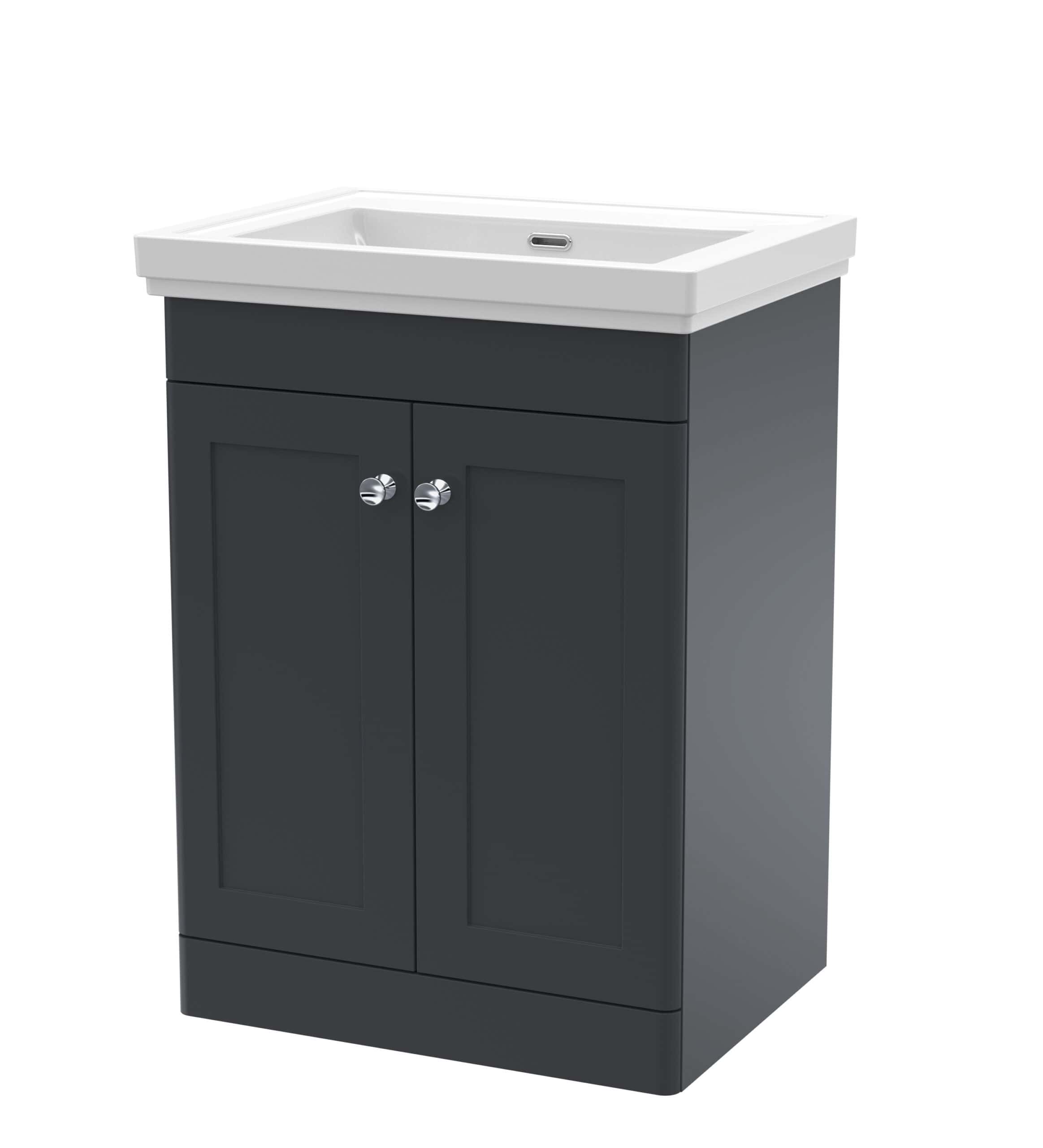 Modern grey bathroom vanity unit with integrated sink, perfect for contemporary bathrooms and home renovations. Durable build and stylish design enhance bathroom functionality and aesthetic appeal.