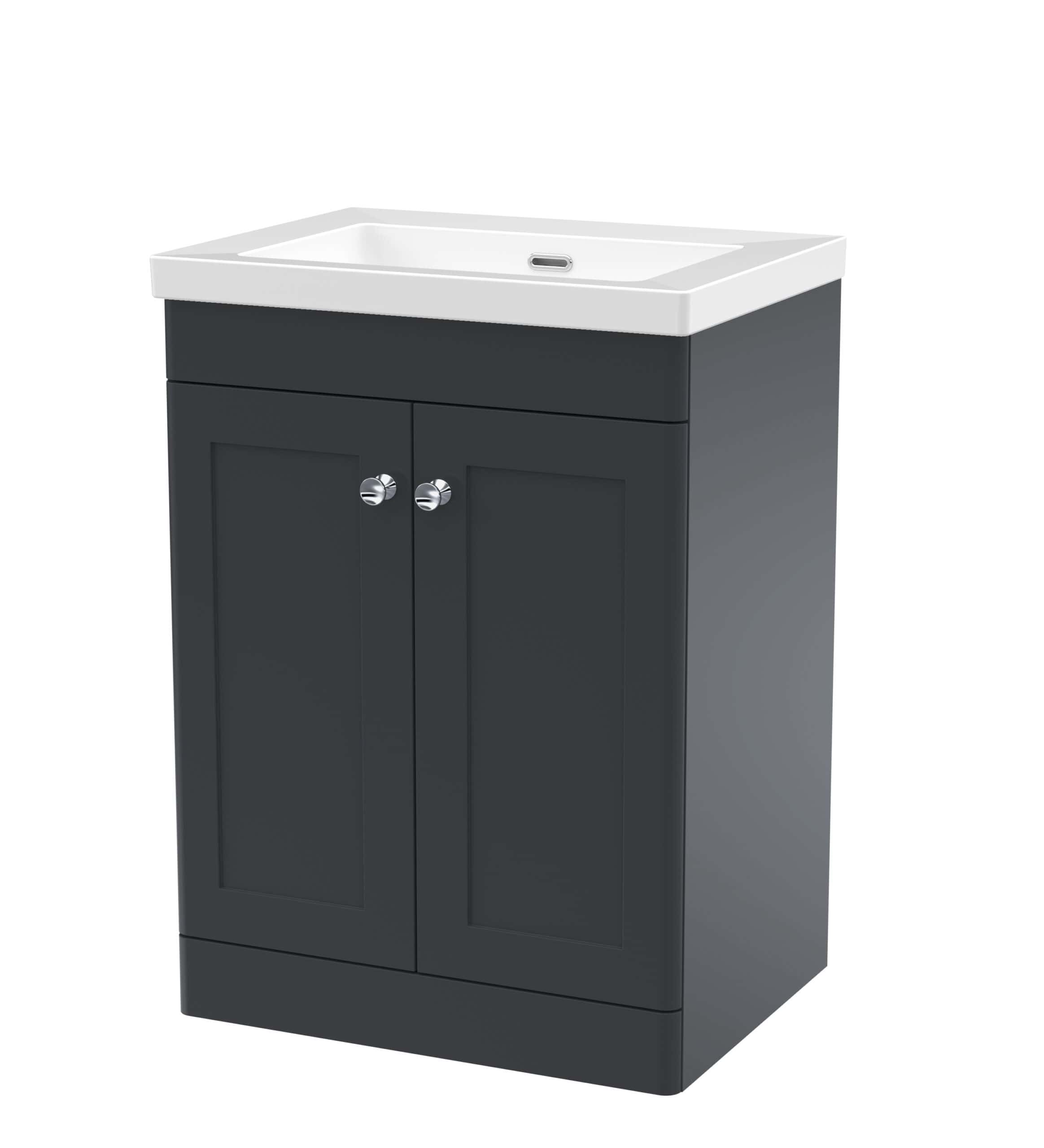 Sleek black bathroom vanity with integrated ceramic sink, modern storage cabinet, chrome handles, perfect for contemporary bathrooms.
