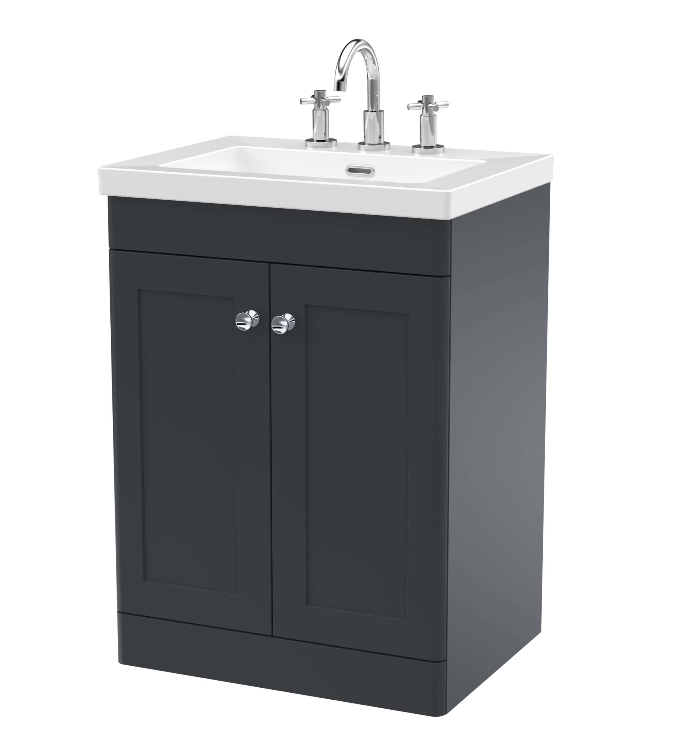 Modern bathroom vanity unit with ceramic sink and chrome tap, ideal for stylish and practical bathroom storage solutions. Perfect for contemporary bathroom designs and renovation projects.