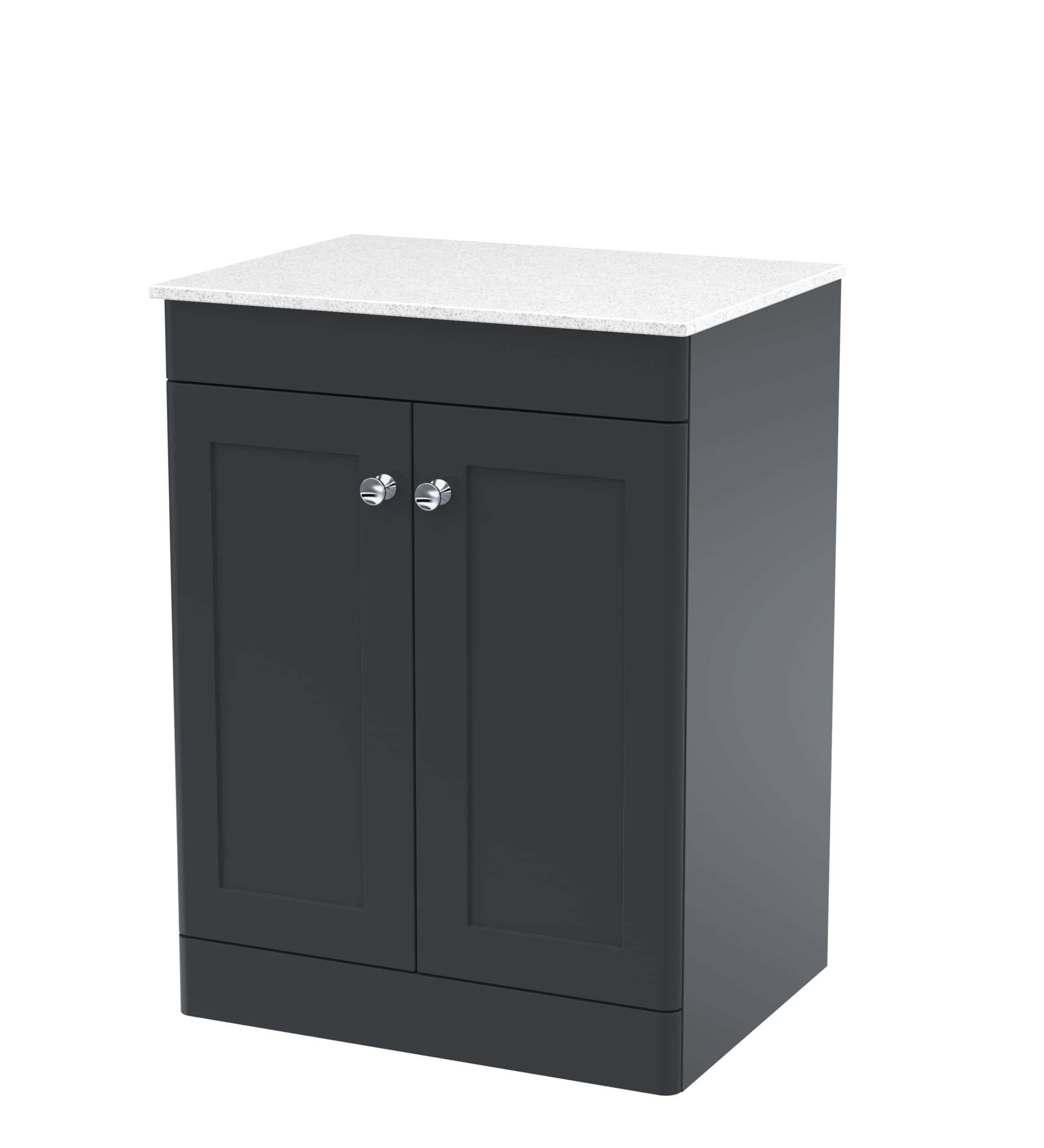 Stylish grey bathroom vanity unit with storage cabinets and a white countertop, perfect for modern bathroom decor.