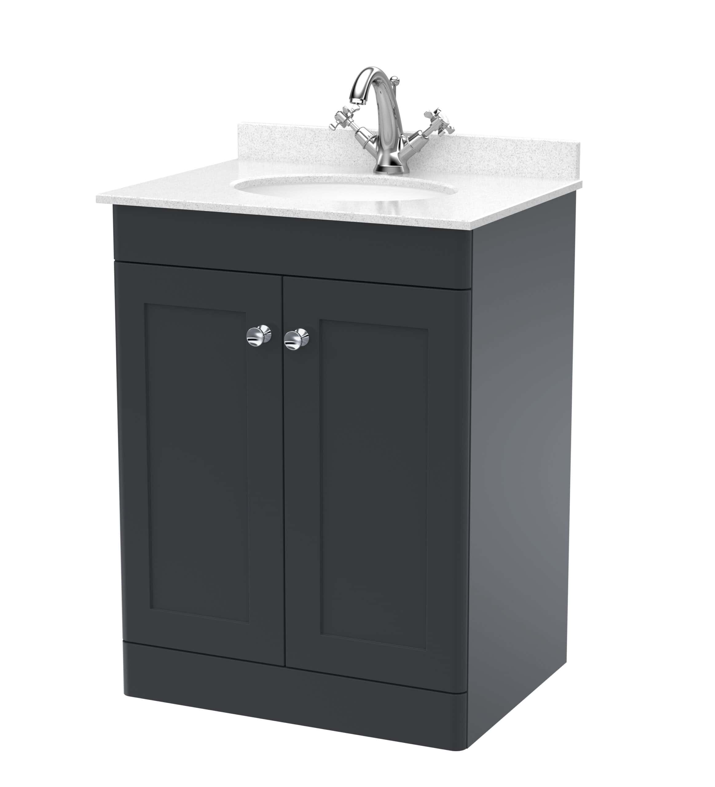 Chrome bathroom vanity unit with white countertop and integrated sink, perfect for modern washrooms and bathroom renovations. Stylish and functional bathroom furniture from Bubly Bathrooms.