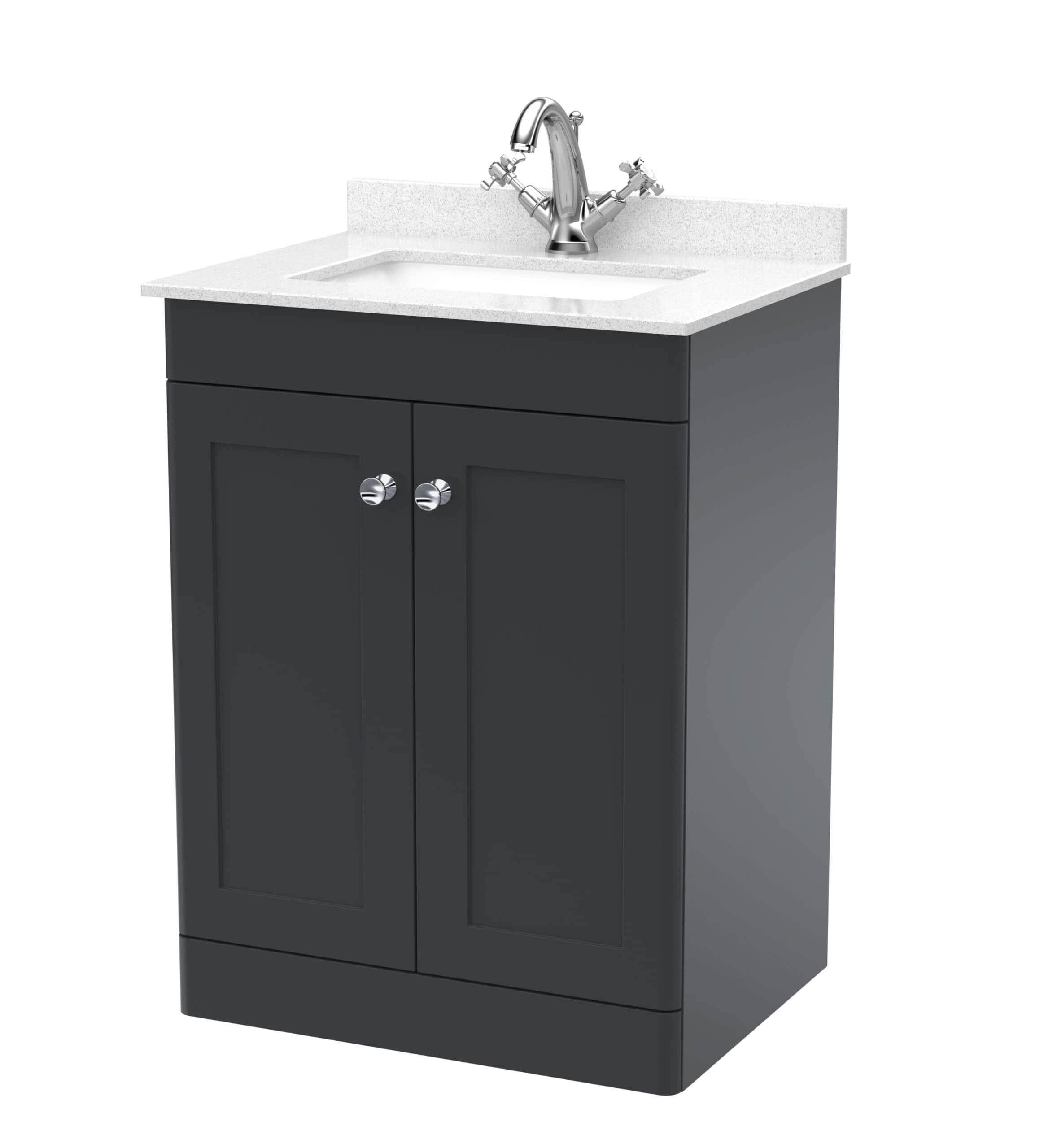 Modern bathroom vanity unit with white countertop and stainless steel tap, ideal for stylish bathroom storage and sink installation.