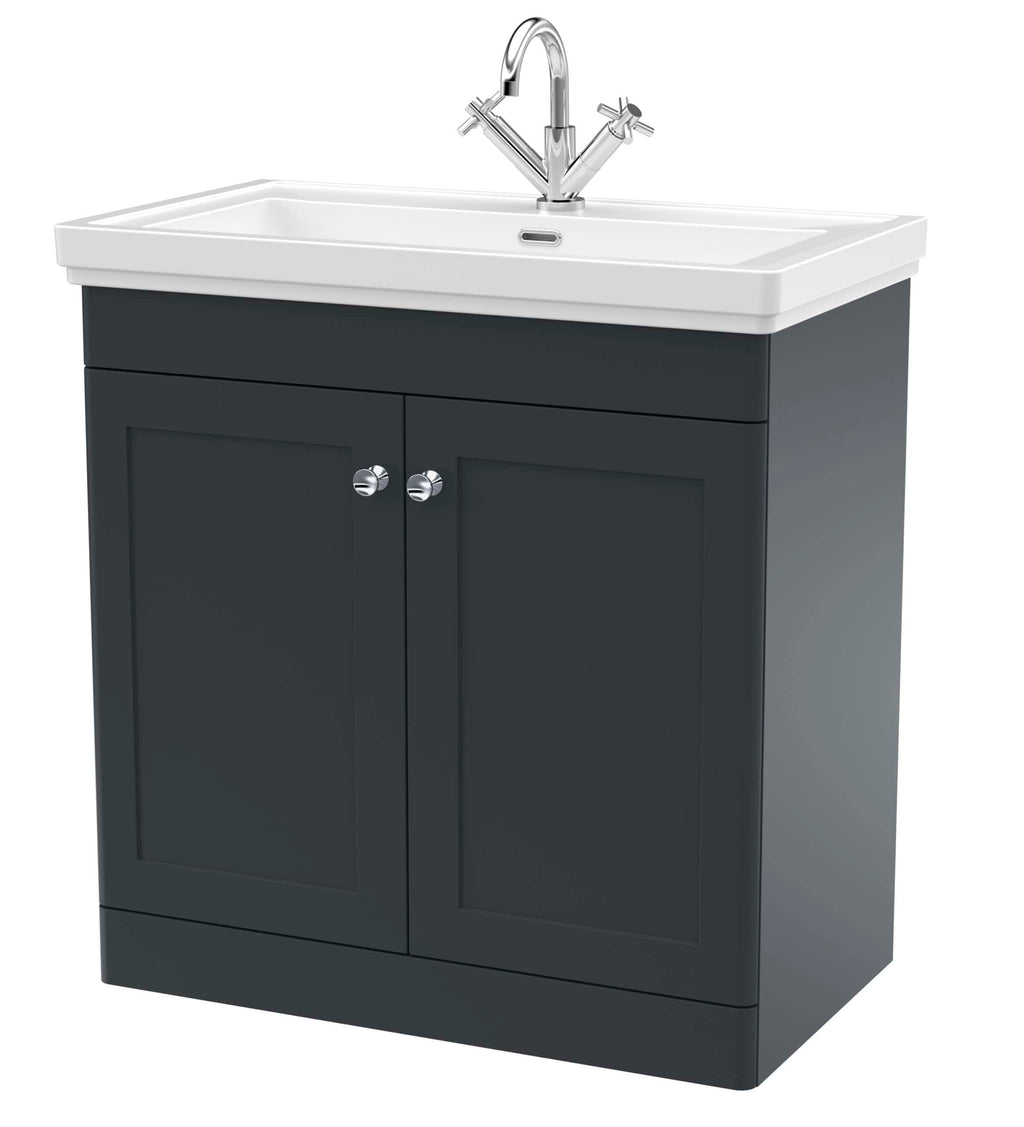 Modern bathroom vanity with white ceramic sink and dark grey cabinet, ideal for contemporary bathroom designs, featuring durable storage cabinets and a stylish chrome tap.