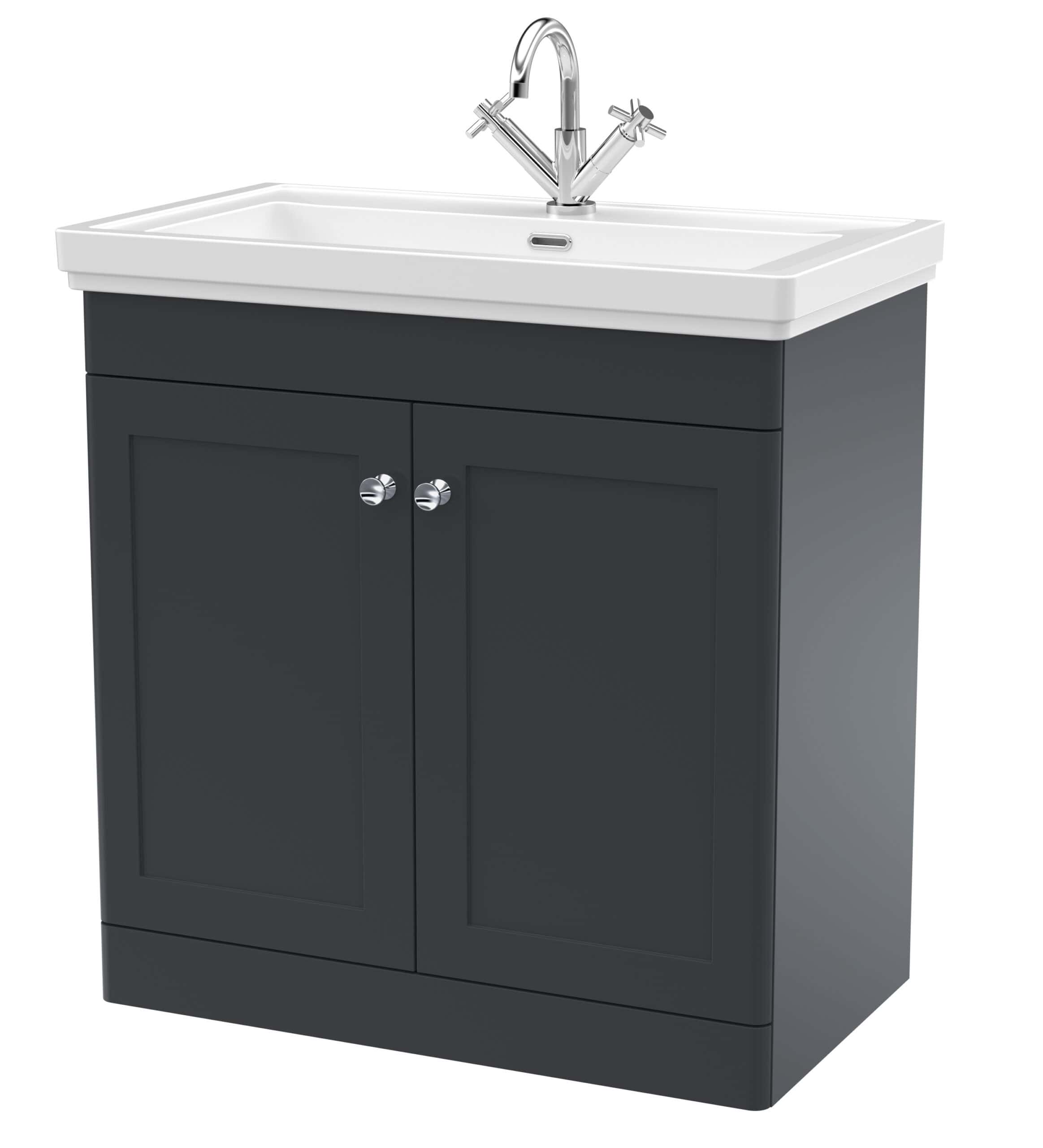 Modern bathroom vanity with white ceramic sink and dark grey cabinet, ideal for contemporary bathroom designs, featuring durable storage cabinets and a stylish chrome tap.