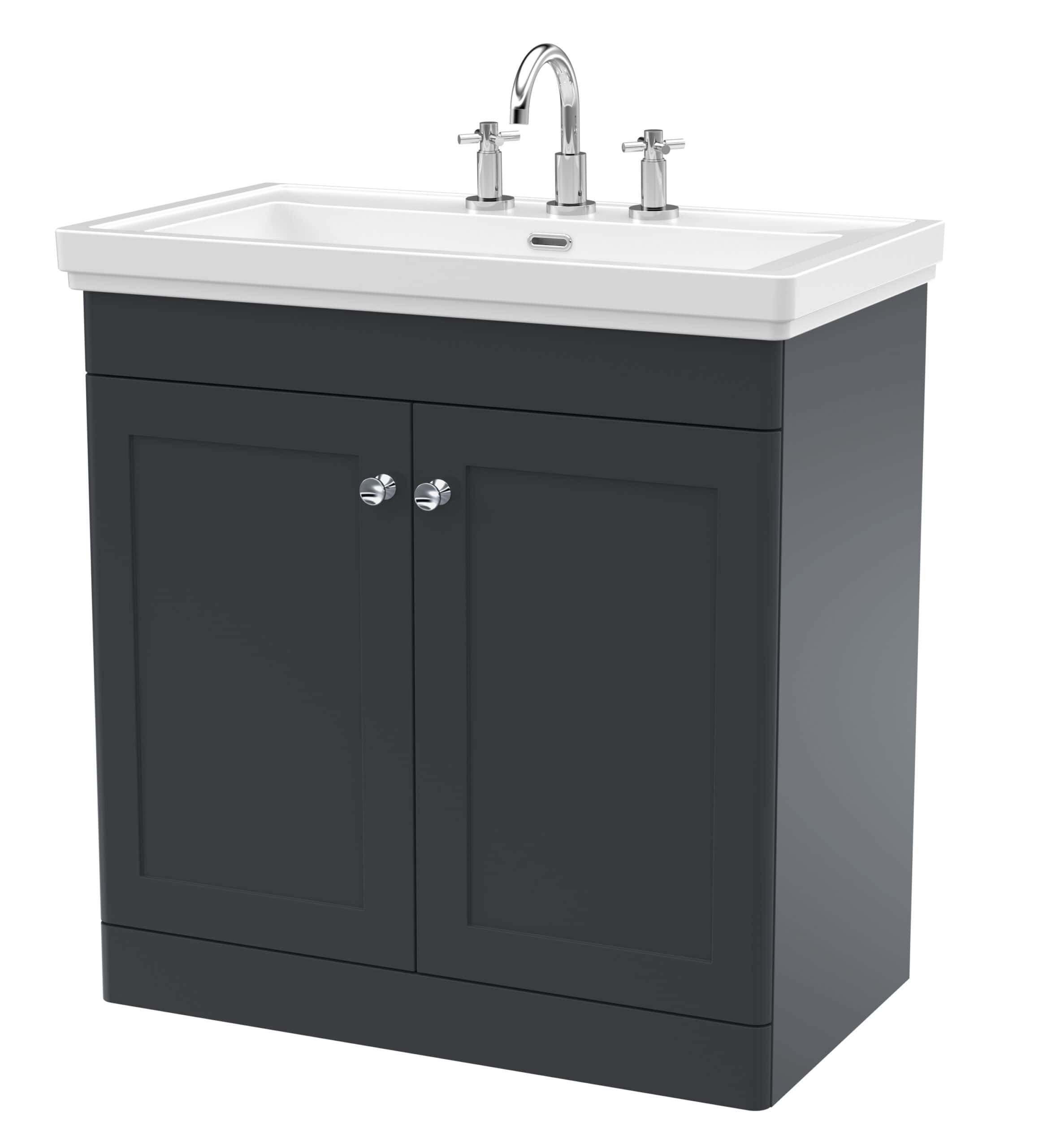 Modern black bathroom vanity with white ceramic sink and chrome fixtures, ideal for contemporary bathroom renovation and bathroom furniture. Suitable for stylish bathroom designs.