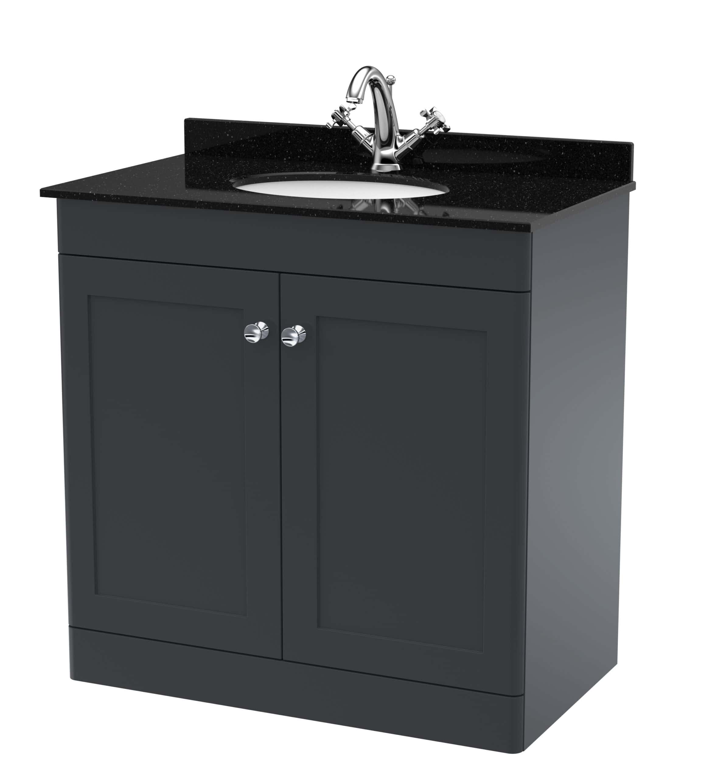Polished black bathroom vanity unit with a granite countertop and integrated sink, suitable for modern bathrooms. Featuring elegant drawers and chrome handles, ideal for stylish bathroom storage solutions.