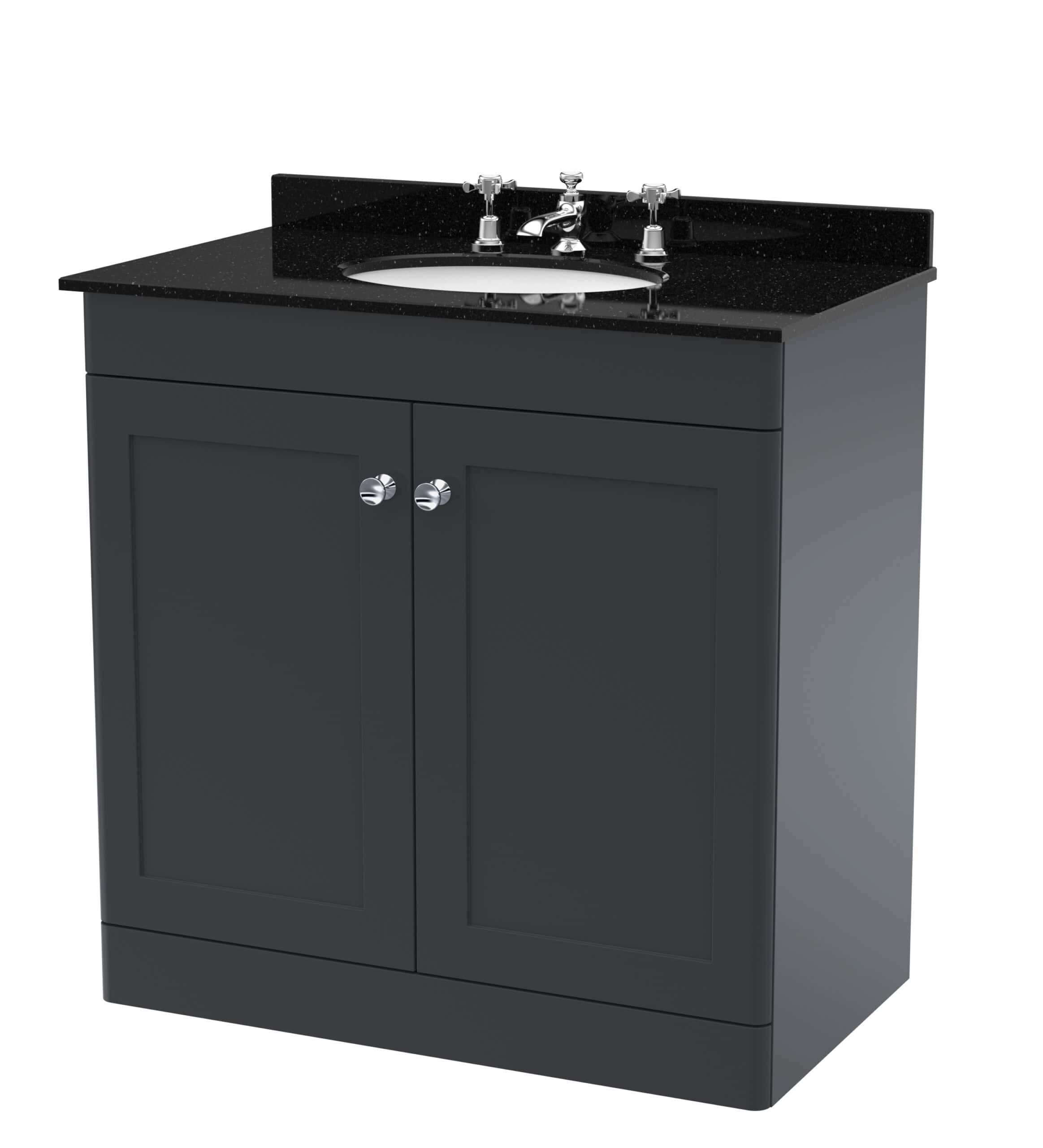 Shower vanity unit with black granite countertop, built-in basin, and storage cabinet, perfect for modern bathrooms. Crafted for durability and stylish bathroom furniture solutions.