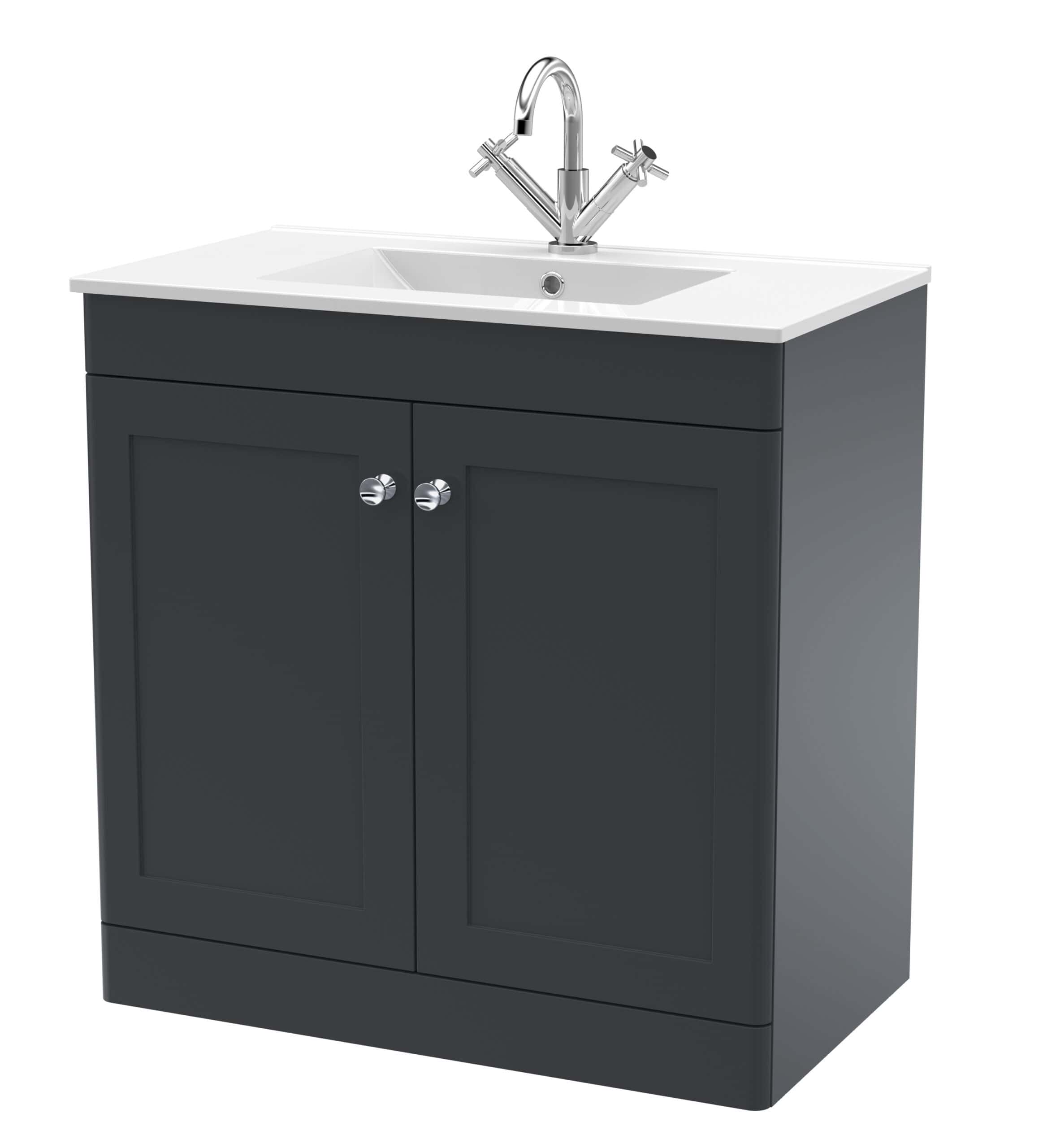 Modern bathroom vanity unit with sink and chrome tap, ideal for stylish bathroom conversions and renovations.