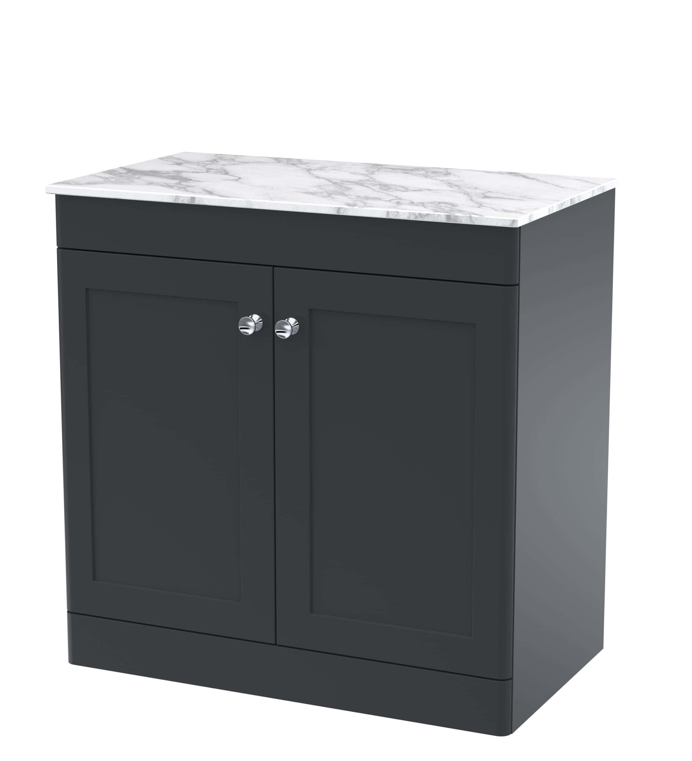 Elegant grey bathroom vanity with marble top, perfect for modern bathroom interiors and storage solutions.