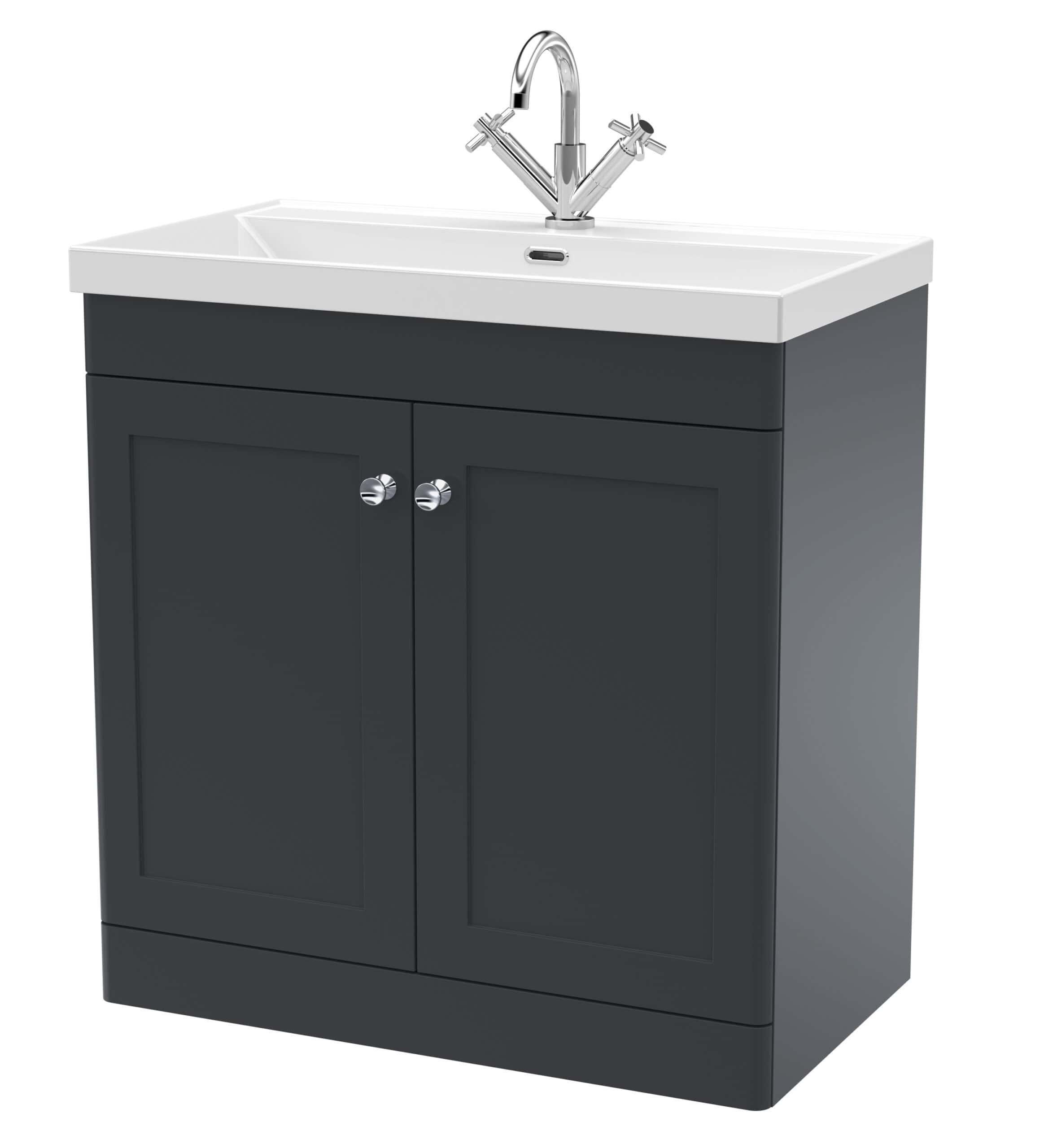Modern bathroom vanity with a white countertop and chrome faucet, suitable for contemporary bathroom designs. Perfect for stylish storage and sink functionality.