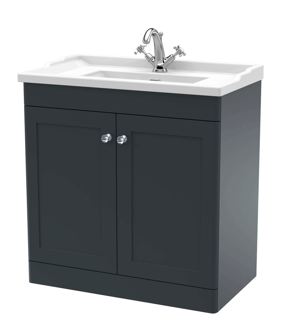 Contemporary black bathroom vanity unit with ceramic sink and chrome tap, ideal for modern bathroom setups. Perfect for storage and style in bathroom renovations.