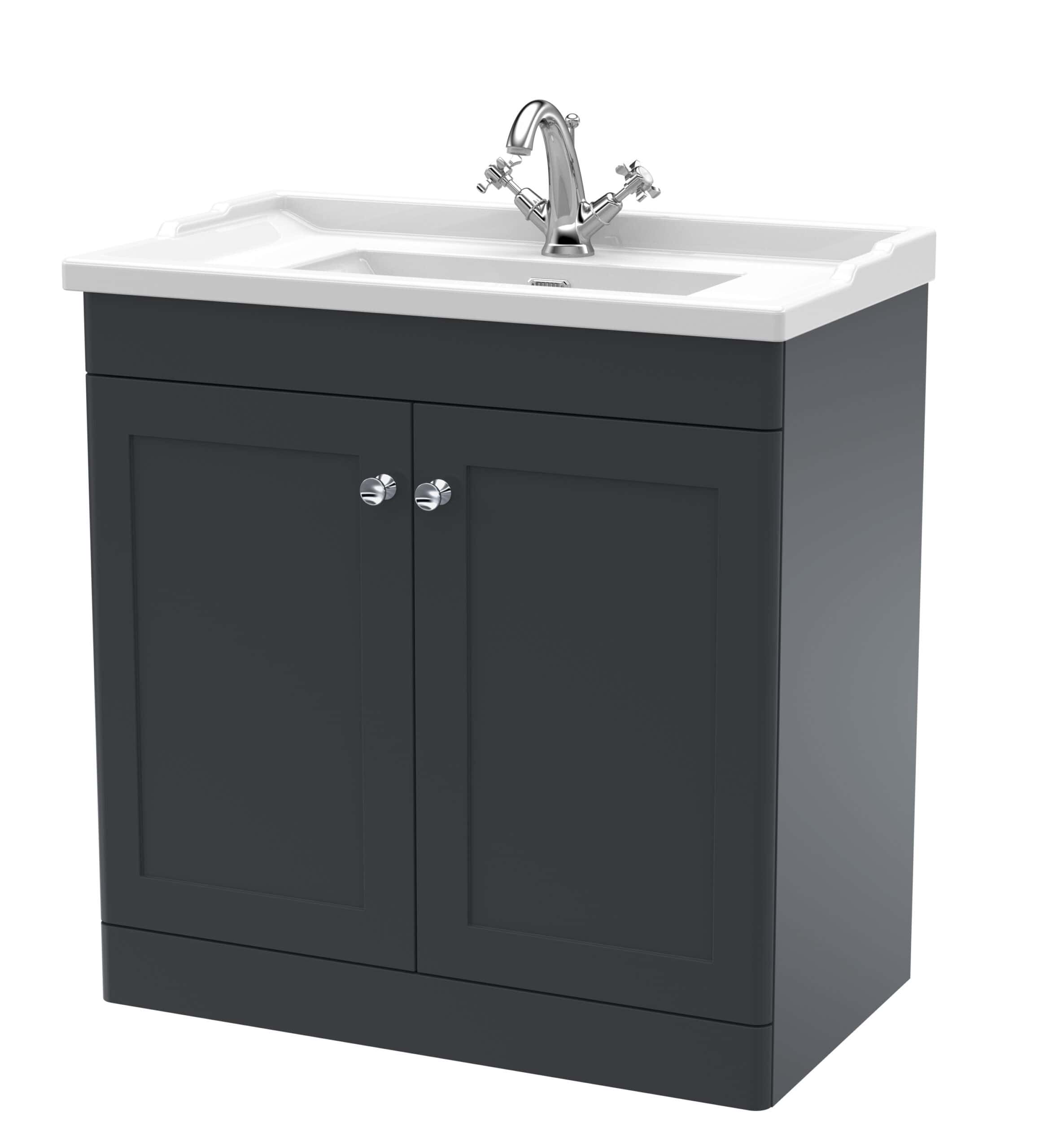 Contemporary black bathroom vanity unit with ceramic sink and chrome tap, ideal for modern bathroom setups. Perfect for storage and style in bathroom renovations.